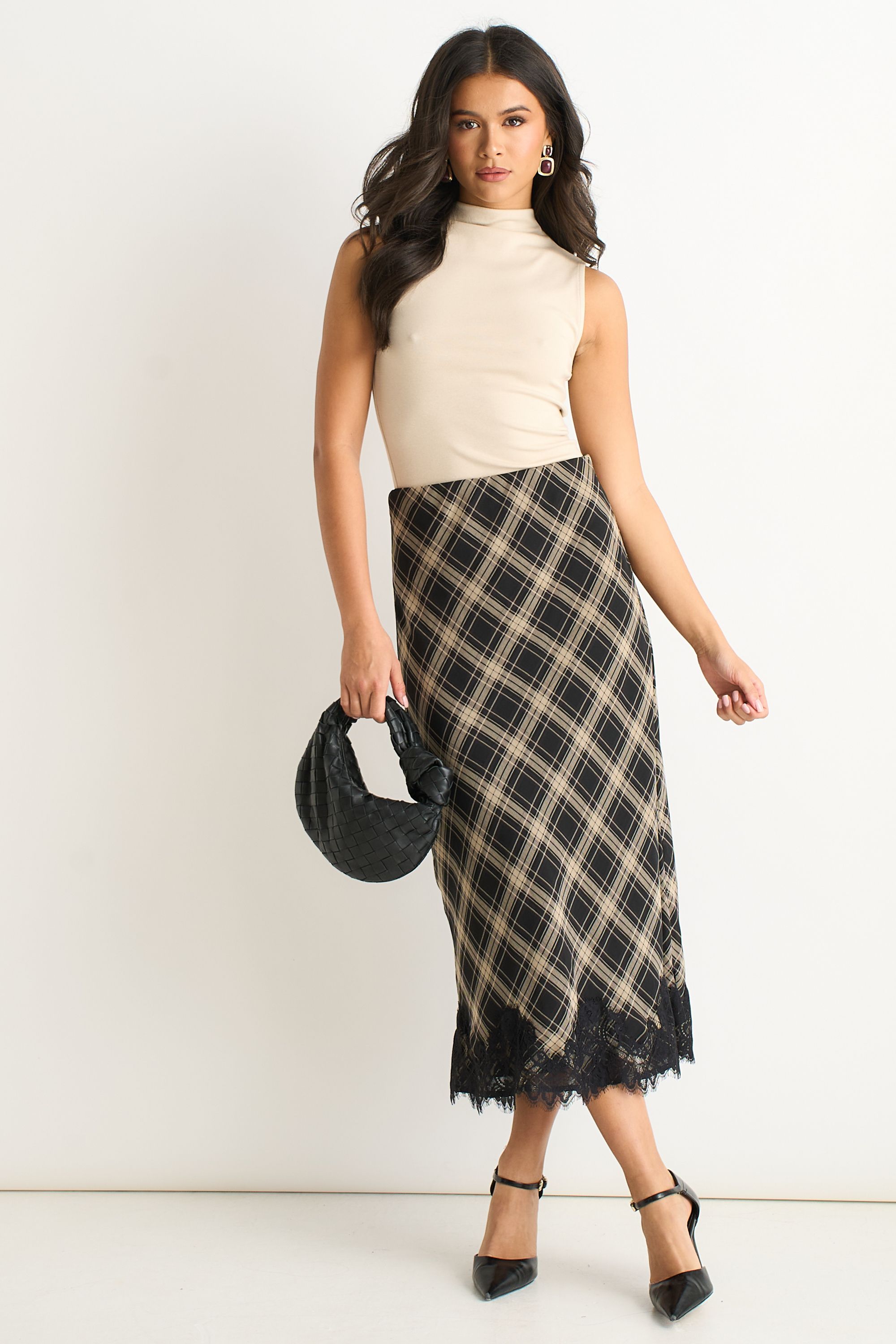 Gini London Mono Check Contrast Lace Bias Skirt