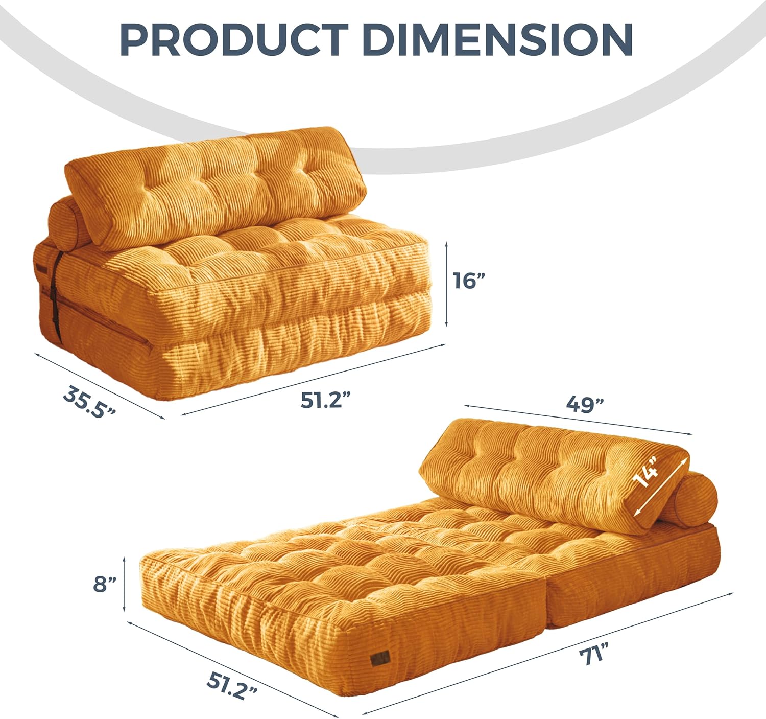 MAXYOYO Folding Sofa Bed, Convertible Sleeper Chair with Pillow Foldable Mattress with Back Support, Portable Fold Out Chair Bed Comfy Floor Sofa Lounge for Living Room Bedroom, Orange Double