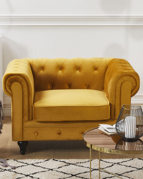 Fotel krzesło chesterfield welur żółty