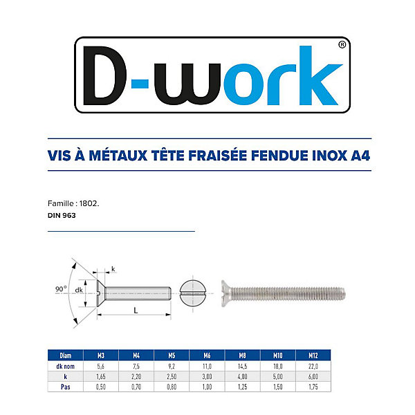 200 Vis Métaux Tête Fraisée Fendue 5 x 20 mm - DIN 963 - Inox A4 - D-Work