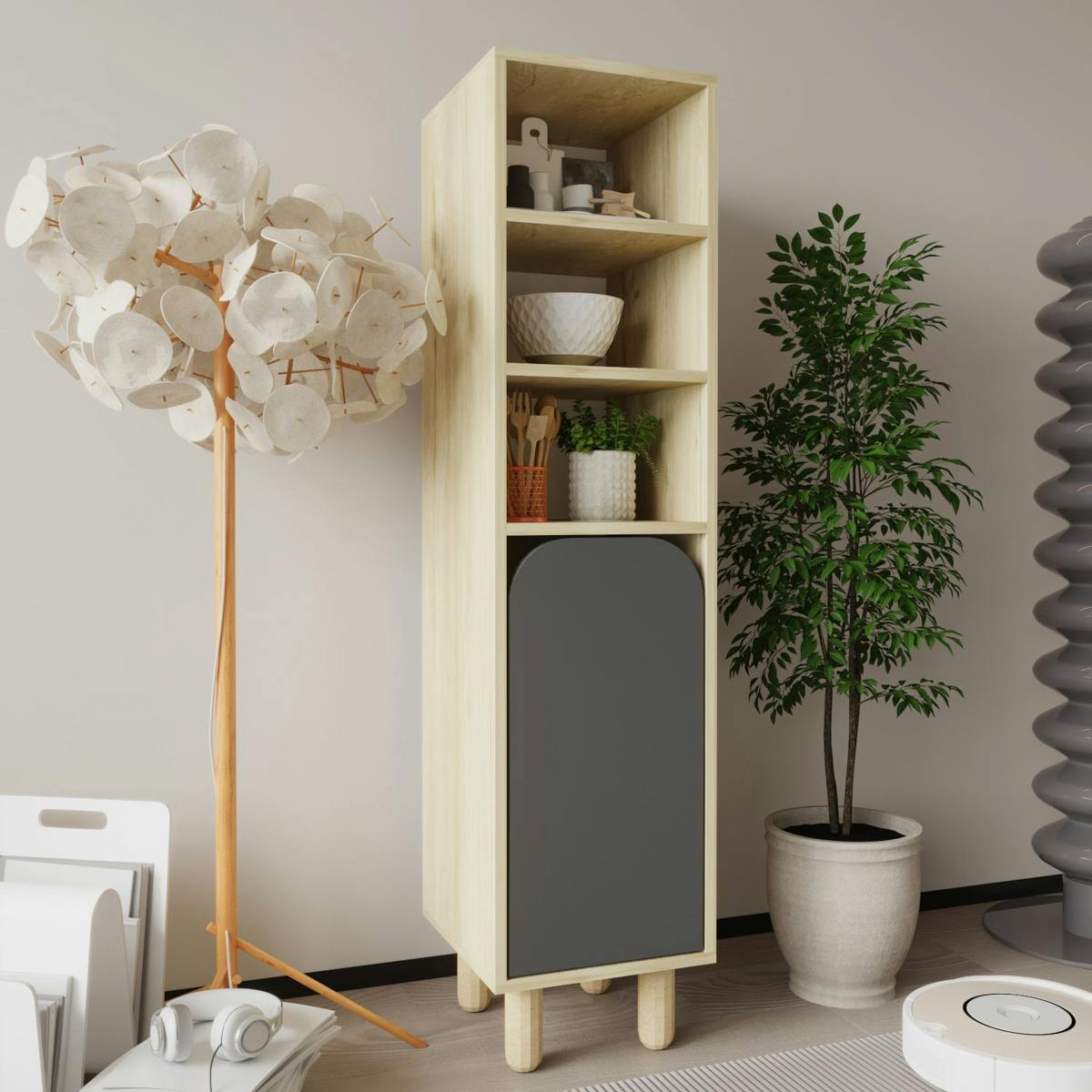 Colonne de rangement effet bois, 1 porte grise courbe VAREN