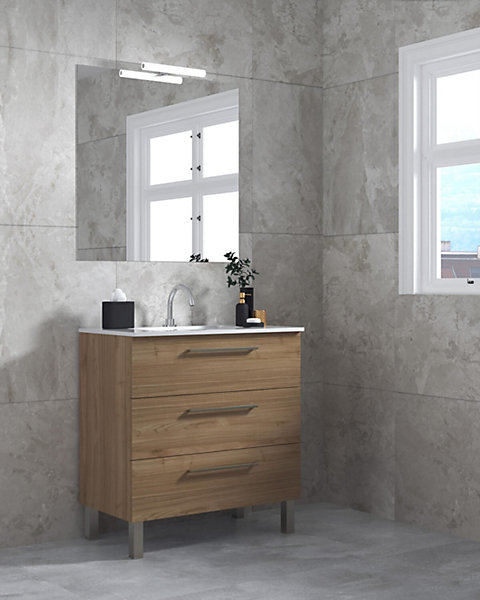 Ensemble de salle de bain meuble 80cm STAY THREE CLASSIC bois clair - Vasque - Miroir - Applique