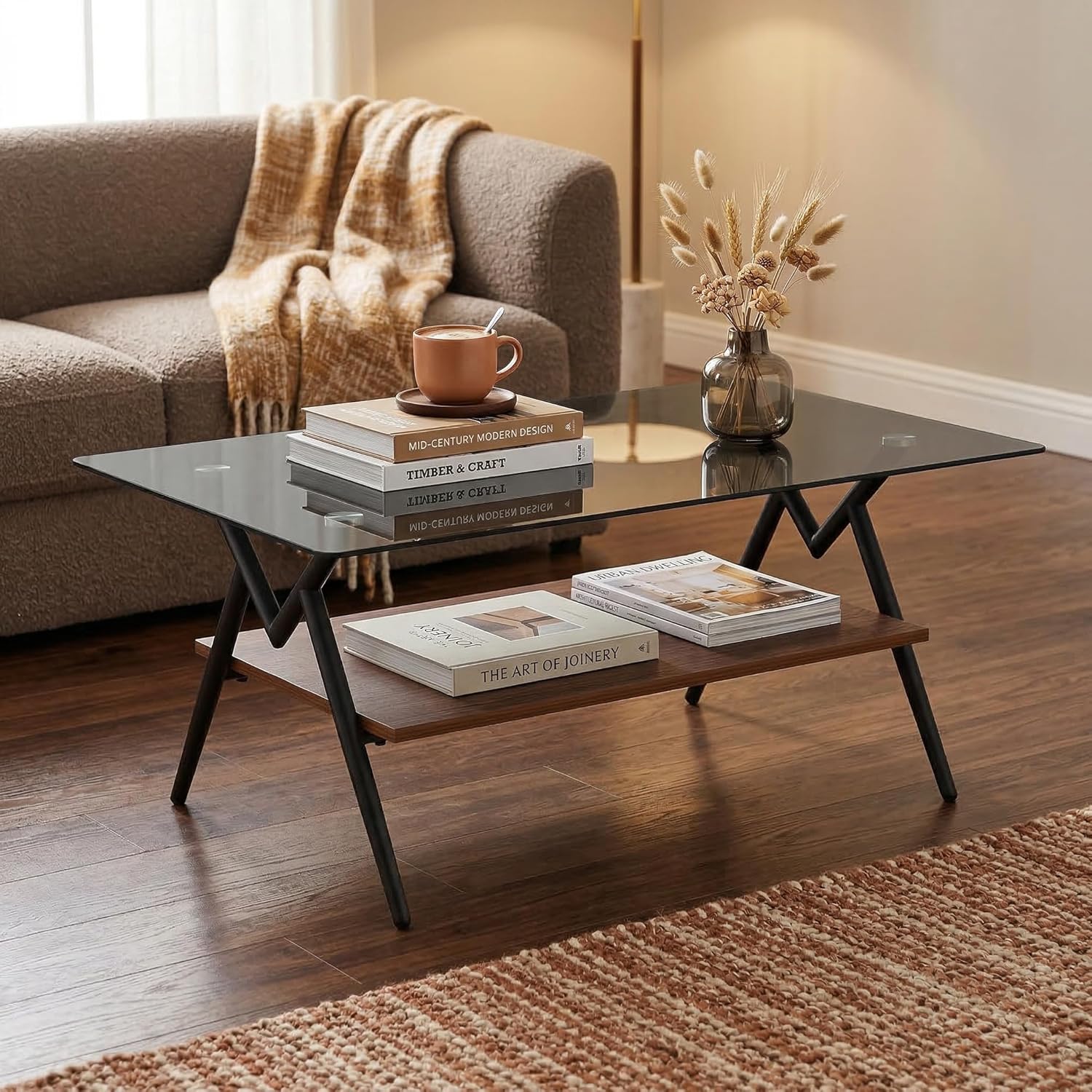 Casaphoria Rectangle Coffee Table for Living Room, Industrial 2-Tier Center Table with Gray Tempered Glass Top & Brown MDF Storage Shelf, Metal Legs, 220 lbs Weight Capacity (38.6)