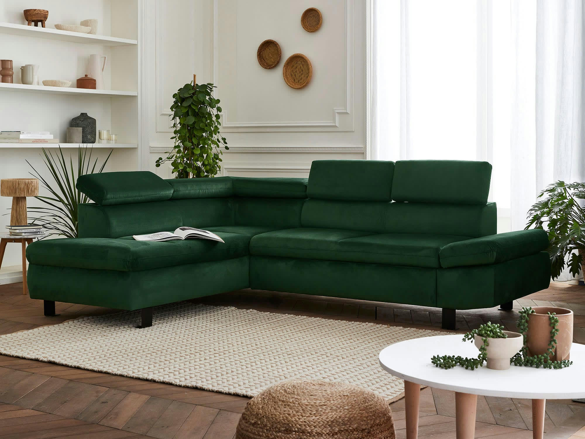 NAIROBI - Canapé d'angle gauche convertible 5 places en velours vert