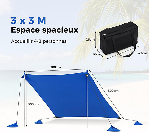 Auvent de Plage Tente de Plage Sacs de Sable 2 Poteaux en Alu Piquets de Sol Sac de Transport Bleu