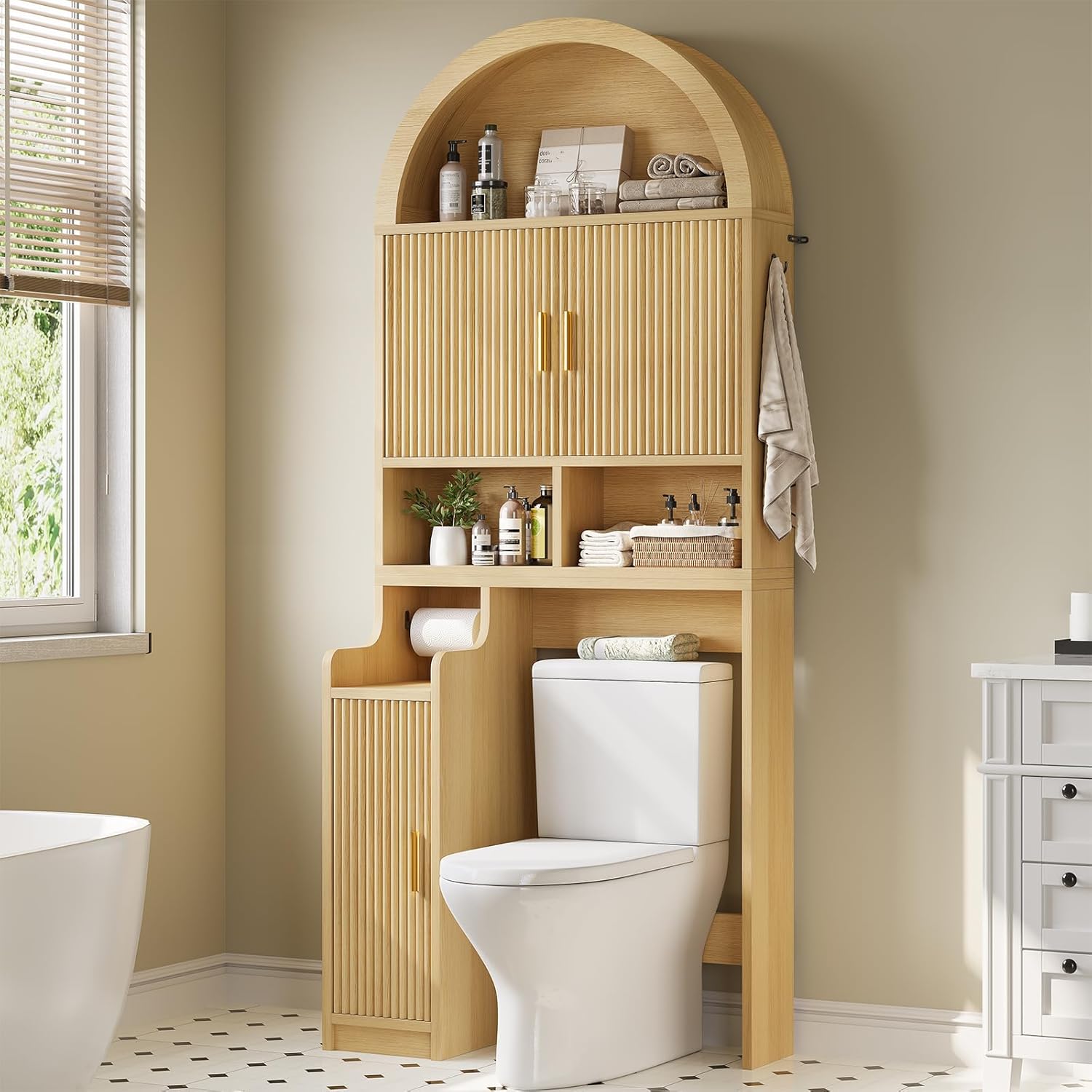 Itaar Arched Over The Toilet Storage Cabinet, 78.7 H Fluted Bathroom Organizer with Reversible Side Cabinet, Adjustable Shelves, Anti-Tipping, Hooks & Paper Holder for Bathroom Laundry Room, Oak