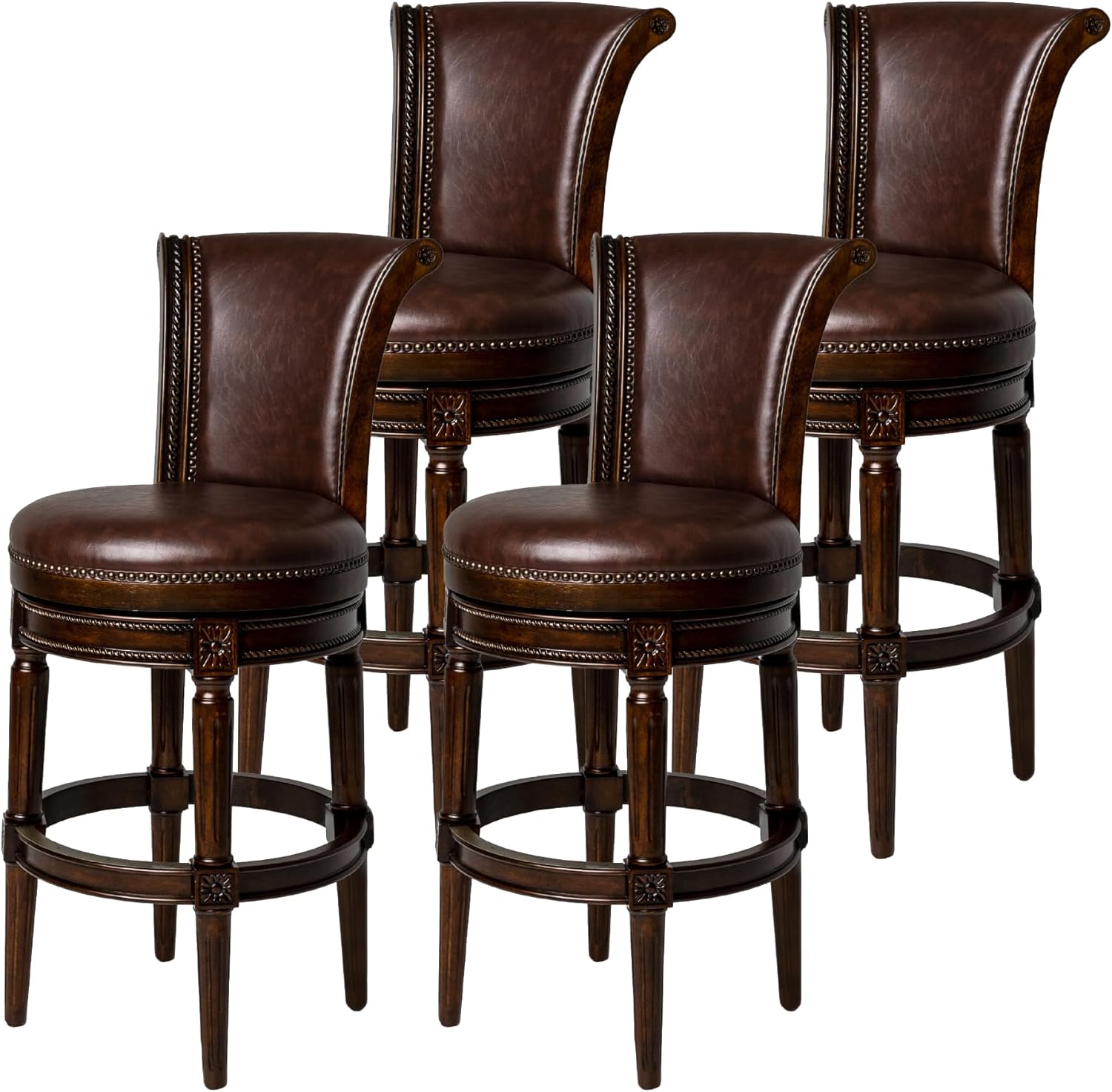 Maven Lane Pullman Bar Stool 31 Inches – Set of 4 – Swivel Stools with Footrest – Dark Brown Solid Wood Frame & Brown Faux Leather Upholstery – Perfect for Bars, Pub Tables & Tall Kitchen Counters