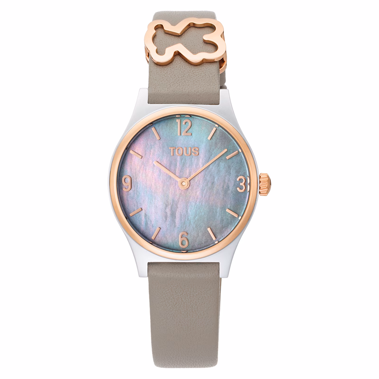 Reloj analógico con brazalete de piel gris, acero rosado y esfera de nácar Epic Icon