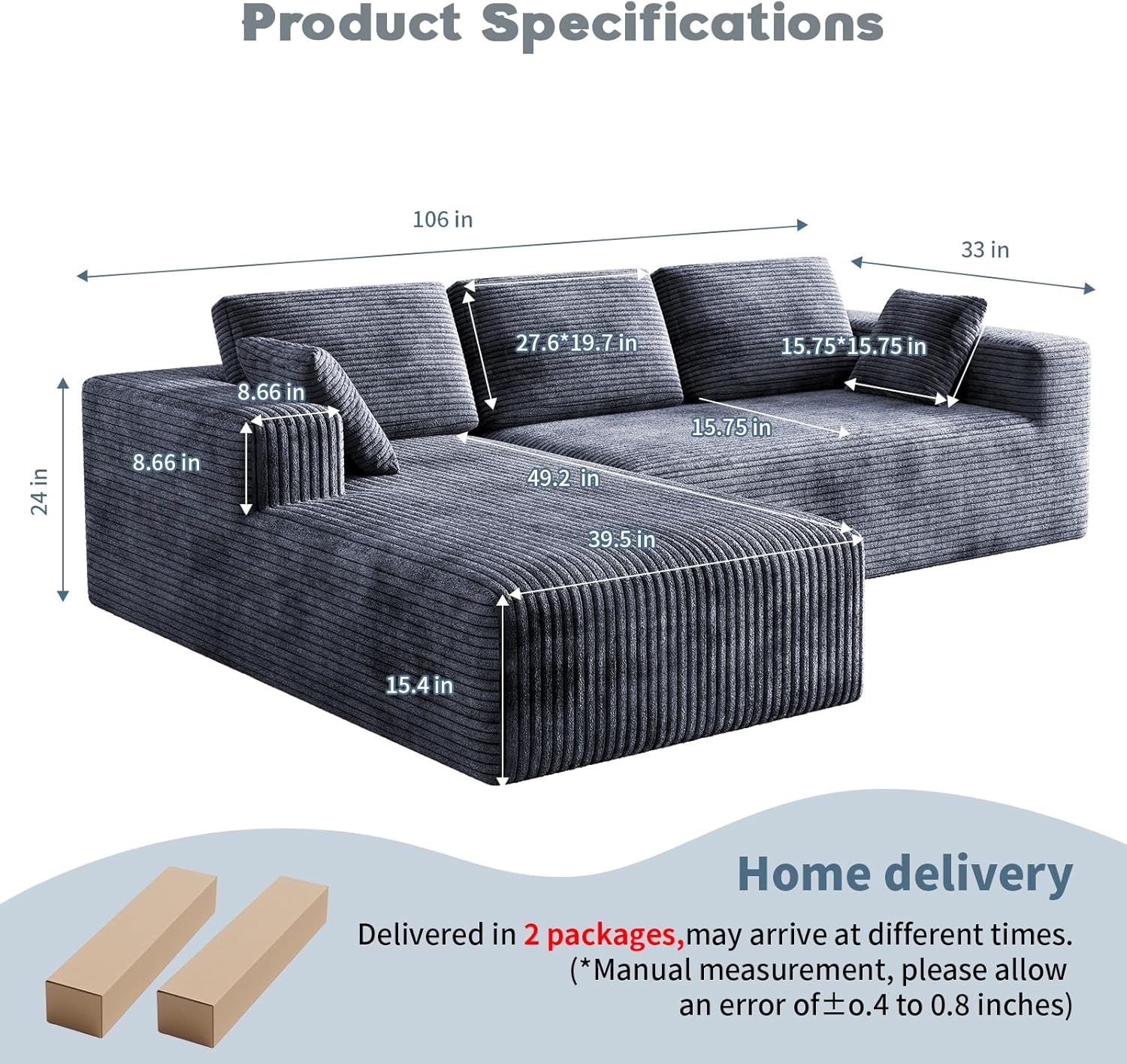 106 Corduroy Sectional Couch, Boneless L Shaped Couch with Deep Seat, Cloud Foam Sofa with Oversized Chaise, Sectional Sofa No Assembly Needed for Living Room