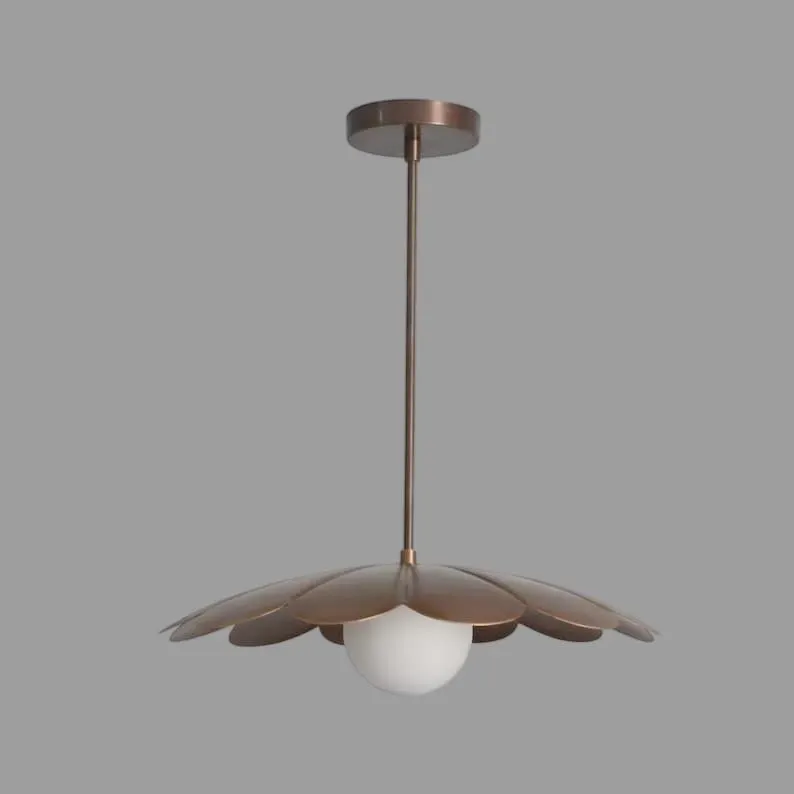 Petal Pendant Light, Brass Flower Pendant Chandelier, Mid Century Modern Ceiling Light, White Globe Shade, Handmade Hanging Light