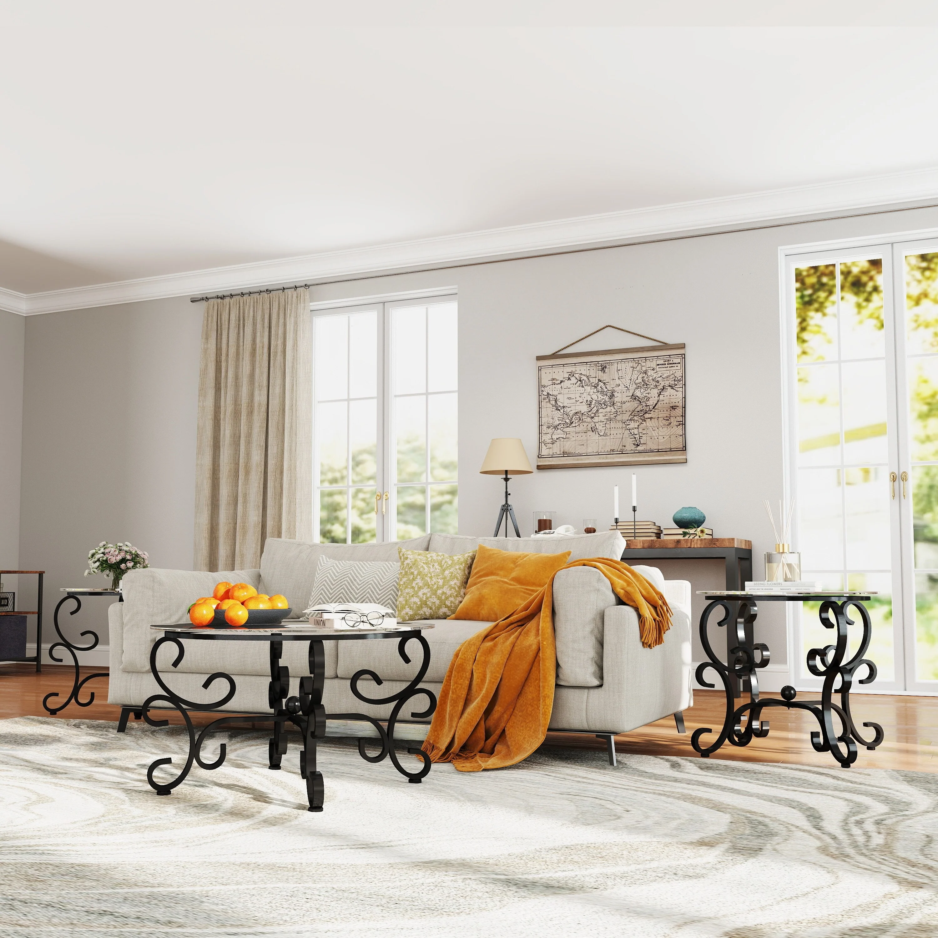 3 Piece Tempered Glass Surface Coffee Table Set, Decor Coffee Table Round End Side Table with Sturdy Construction