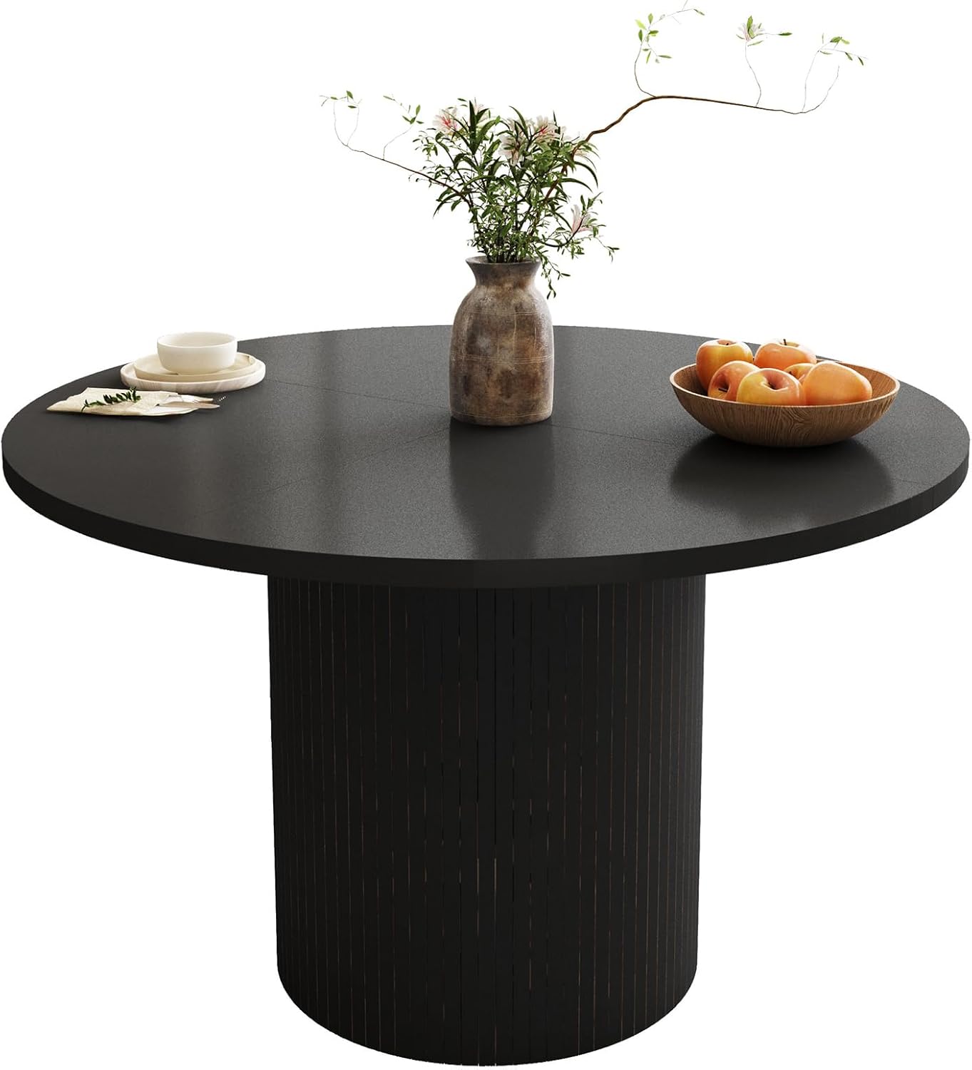 47 Inch Round Dining Table, Farmhouse Fluted Dining Kitchen Table, Modern Wood Small Circle Dining Table for Kitchen Living Room, Black
