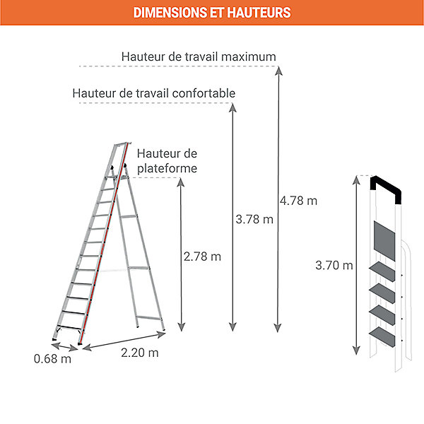 Escabeau 12 marches - Hauteur max. de travail 4.78m - 862612