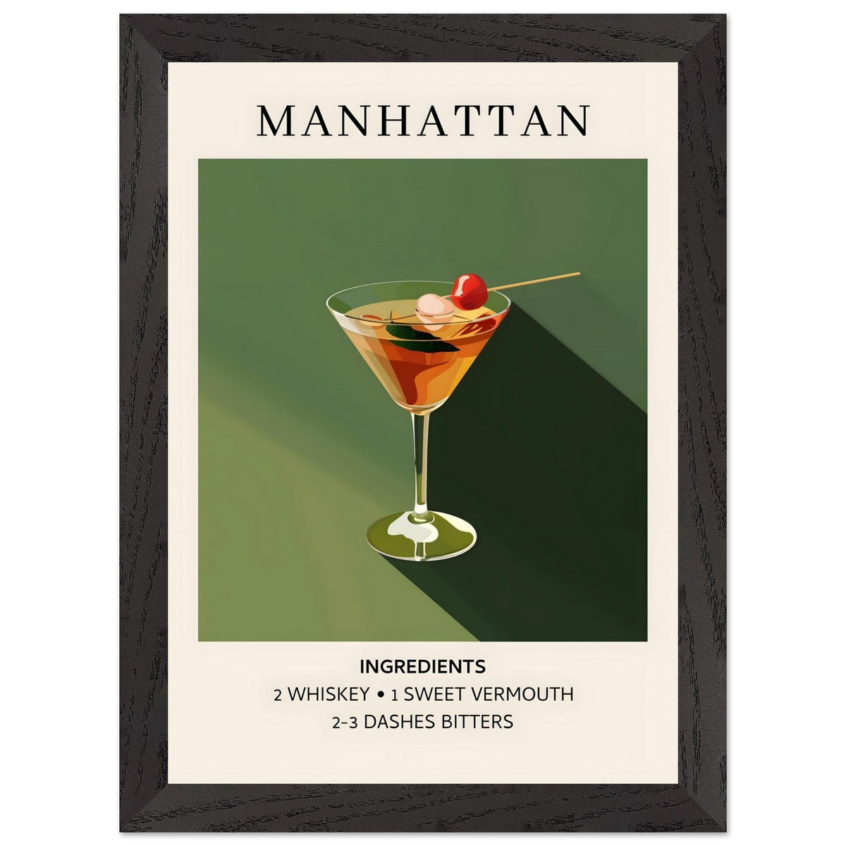 Artfulprints Poster met Lijst Manhattan cocktail - Ingrediënten  - A4 21x29.7 cm - Groen