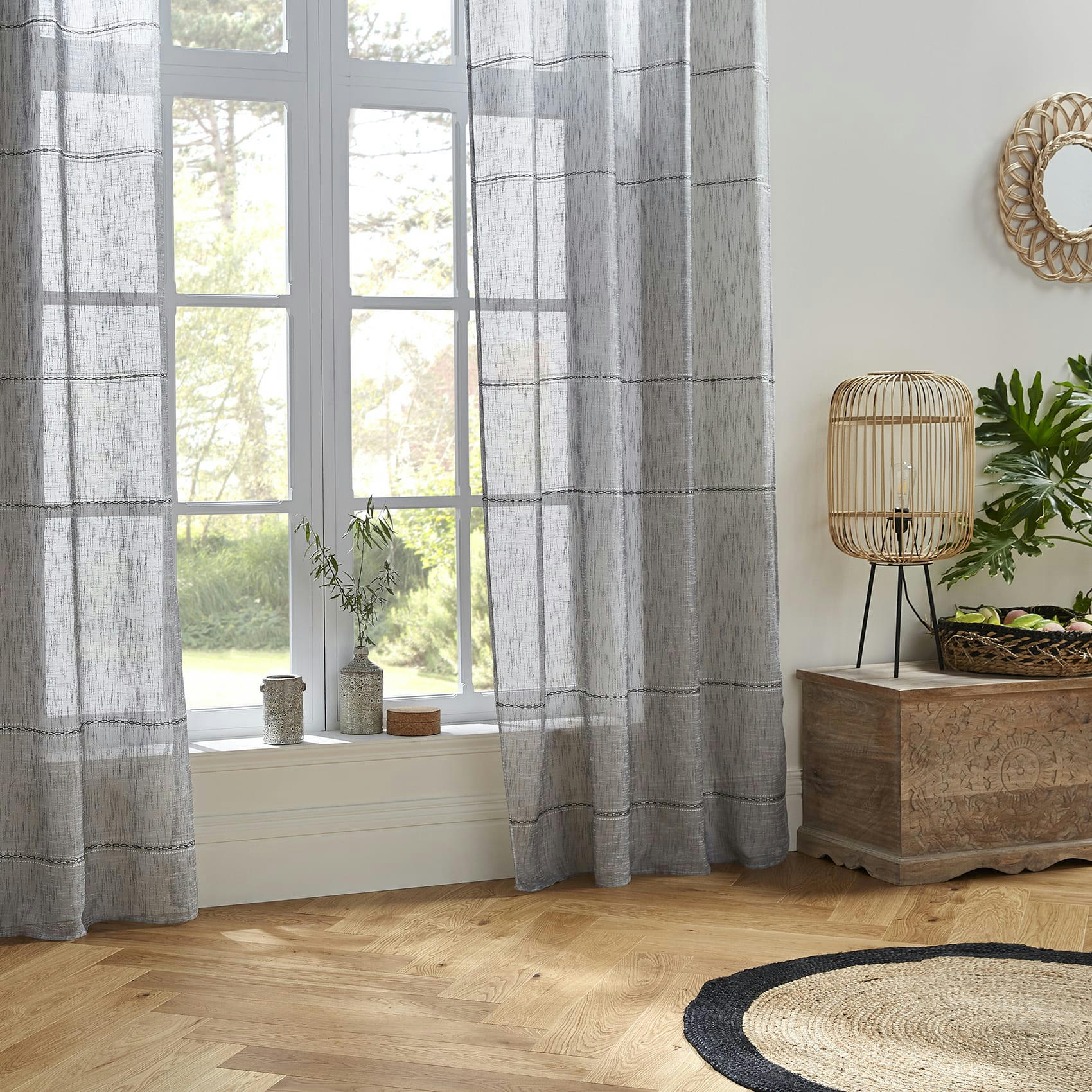 - Voilage avec lignes ajourées polyester gris clair 140x240 cm