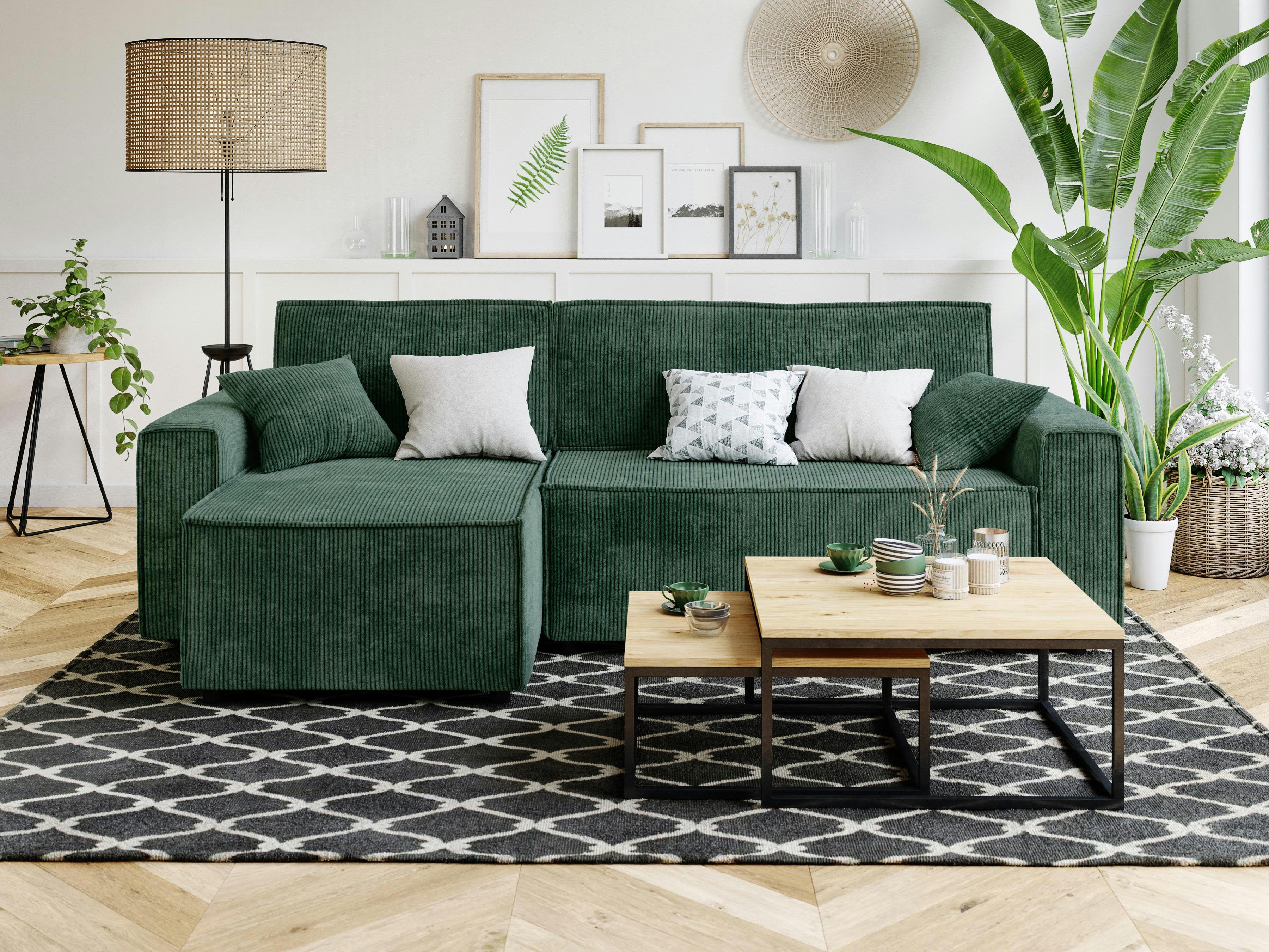 MIRA - Canapé d'angle convertible en velours côtelé 4 places vert
