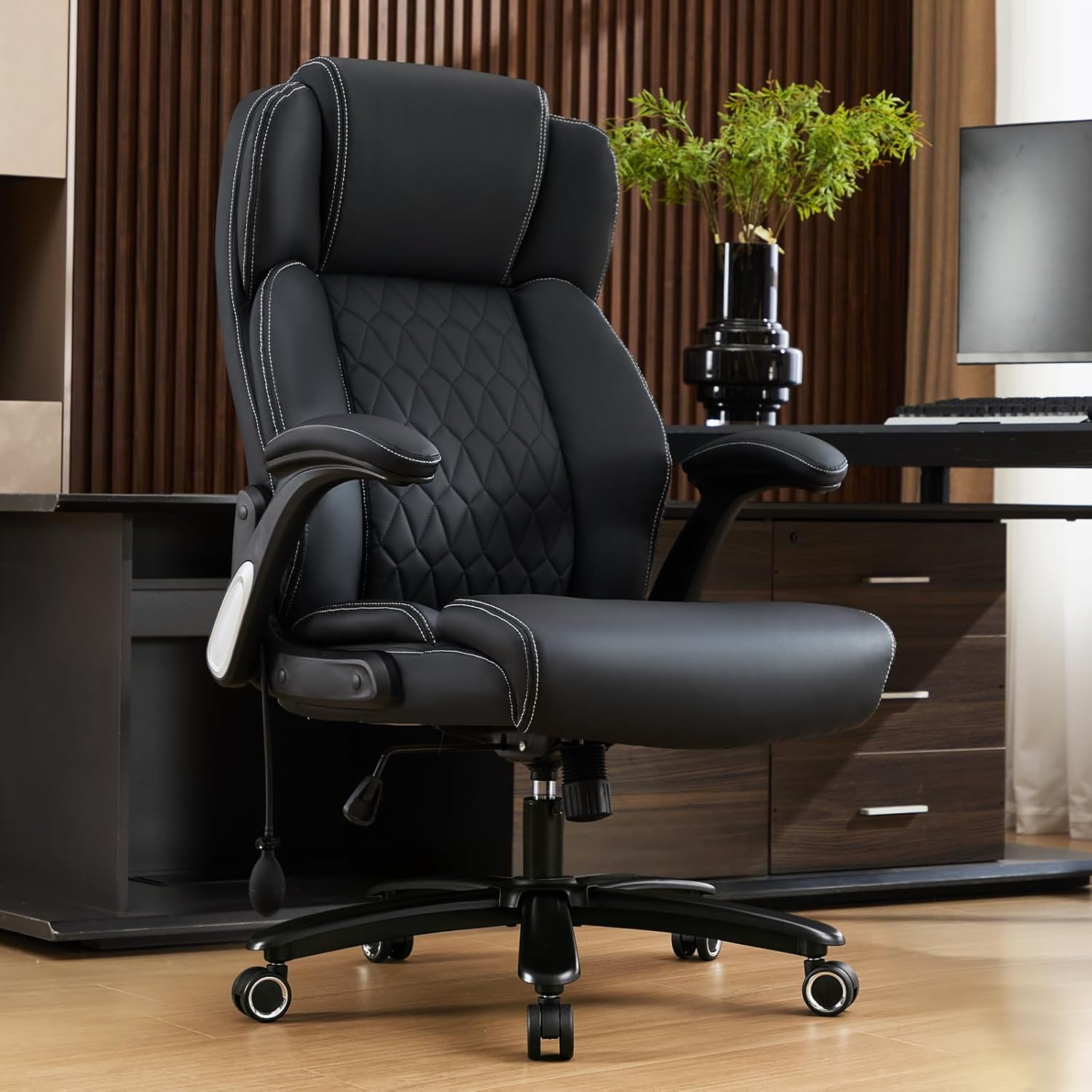 700lbs Big and Tall Office Chair - Heavy Duty Executive Desk Chair with Inflatable Lumbar Support, Extra Wide Padded Seat, Flip-up Arms, Metal Base & Quiet Rubber Wheels, High Back Ergonomic Chair