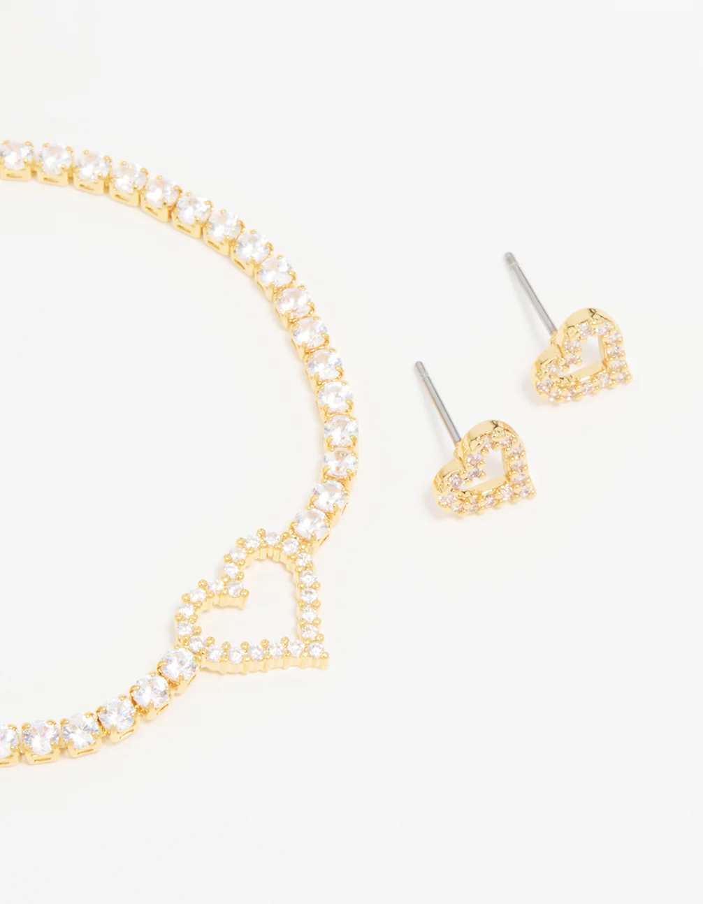 Gold Plated Cubic Zirconia Heart Outline Tennis Bracelet & Earrings Set