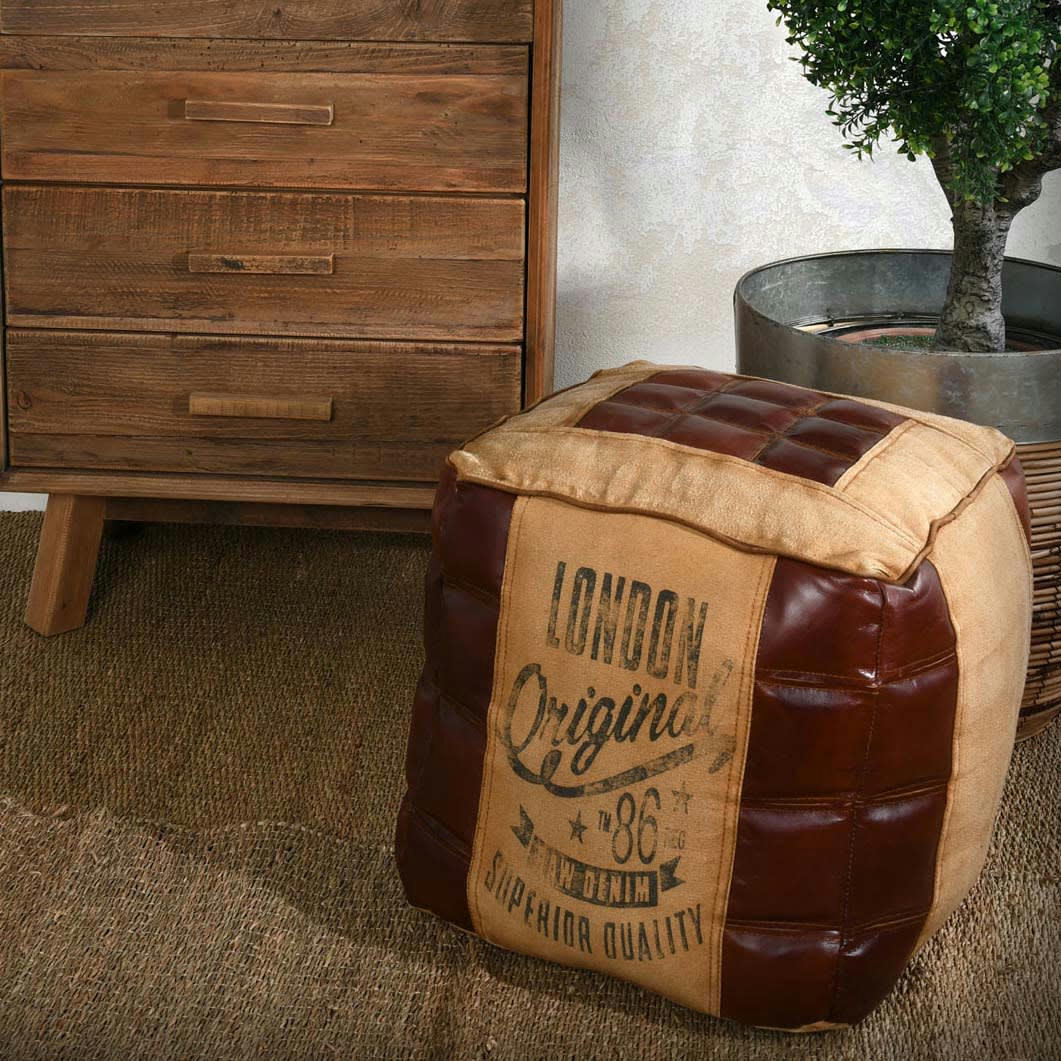 - Pouf en coton et cuir london