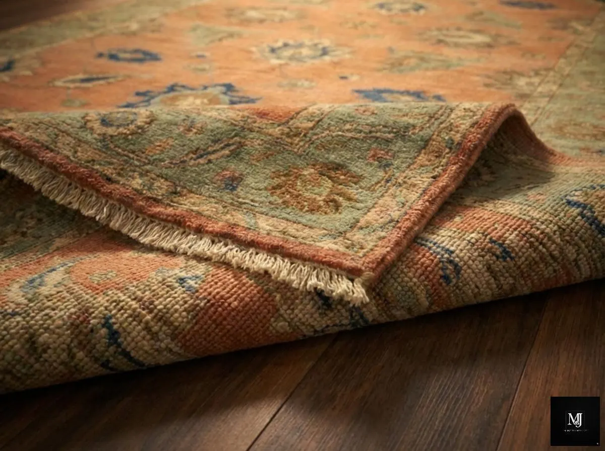 Hand Knotted Terracotta Oushak Rug, Vintage Turkish Wool Carpet, Sage Green Border