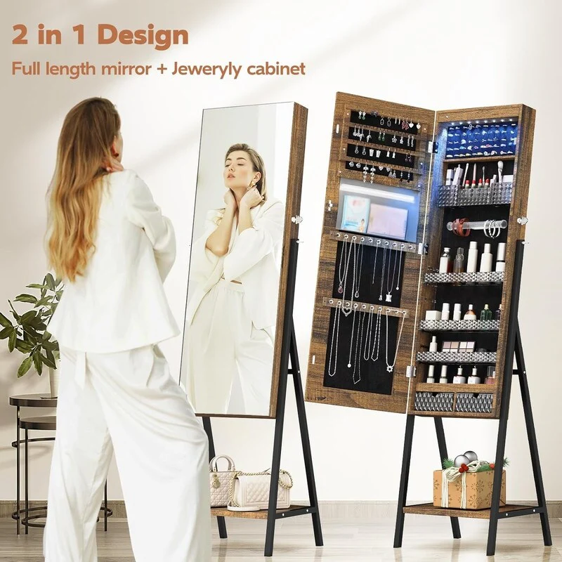 Mirror Jewelry Cabinet Standing with LED Lights - 46.46D x 17.32W x 6.89H