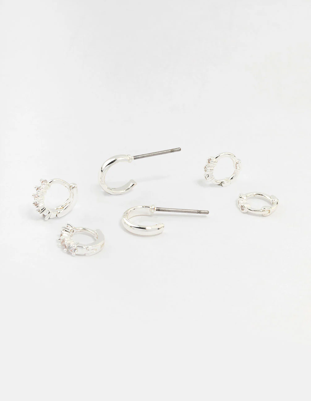 Silver Mixed Diamante Huggie Hoop Earrings 3-Pack