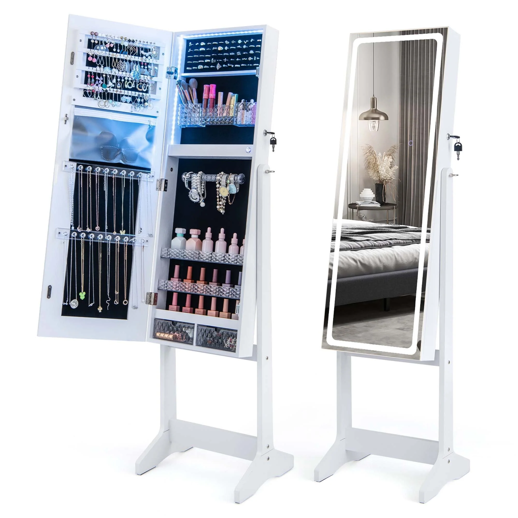 LED Mirror Jewelry Cabinet Organizer Armoire Standing w/ 3 Color Light