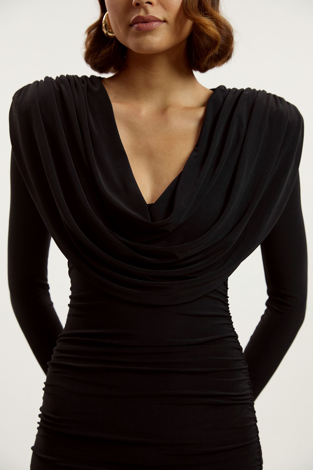 KarenMillen Stretch Drapey Crepe Ruched Plunge Neck Long Sleeve Mini Dress