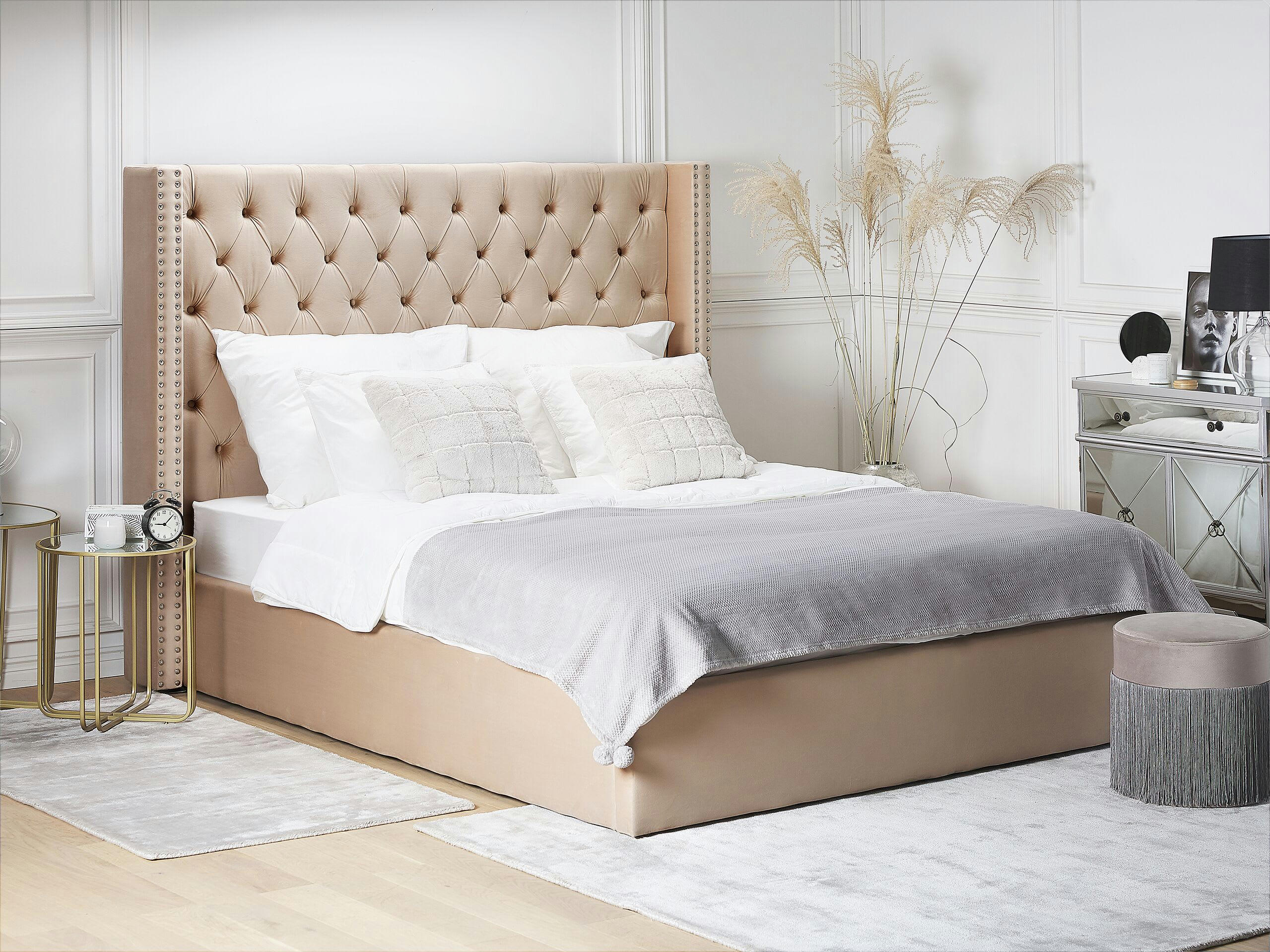 LUBBON - Lit double en tissu beige 160x200