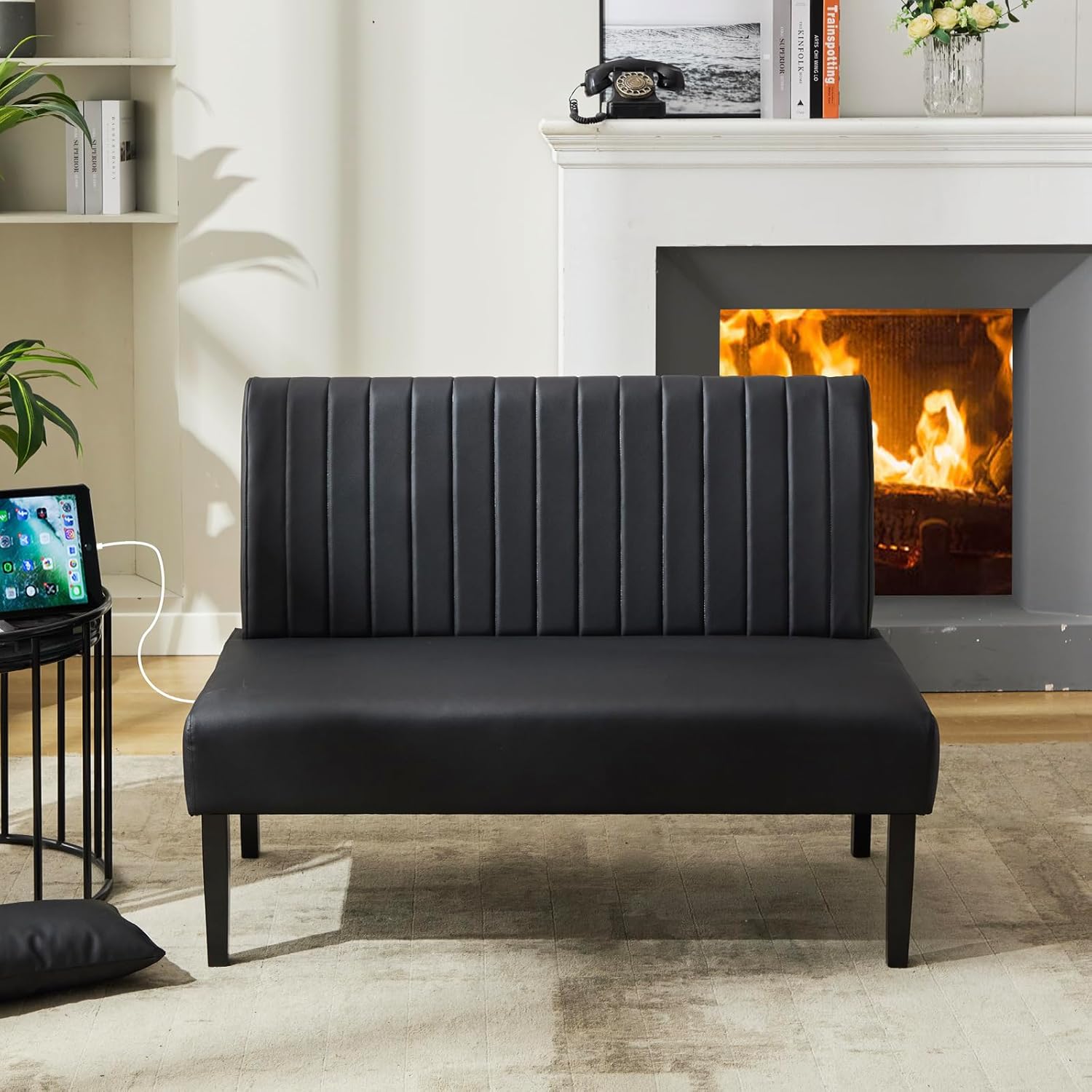 STHOUYN 43 W Mini Small Black Leather Couch Armless Loveseat Sofa for Bedroom with USB Port, Small Couches for SmallSpaces Living Room, Apartment Office Dorm (Black)