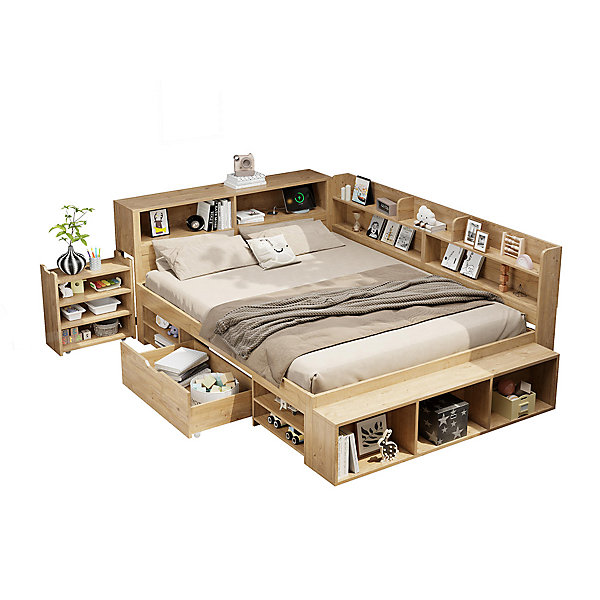 Lit enfant 140x200 cm, bois massif, tiroirs, armoire, recharge sans fil - naturel