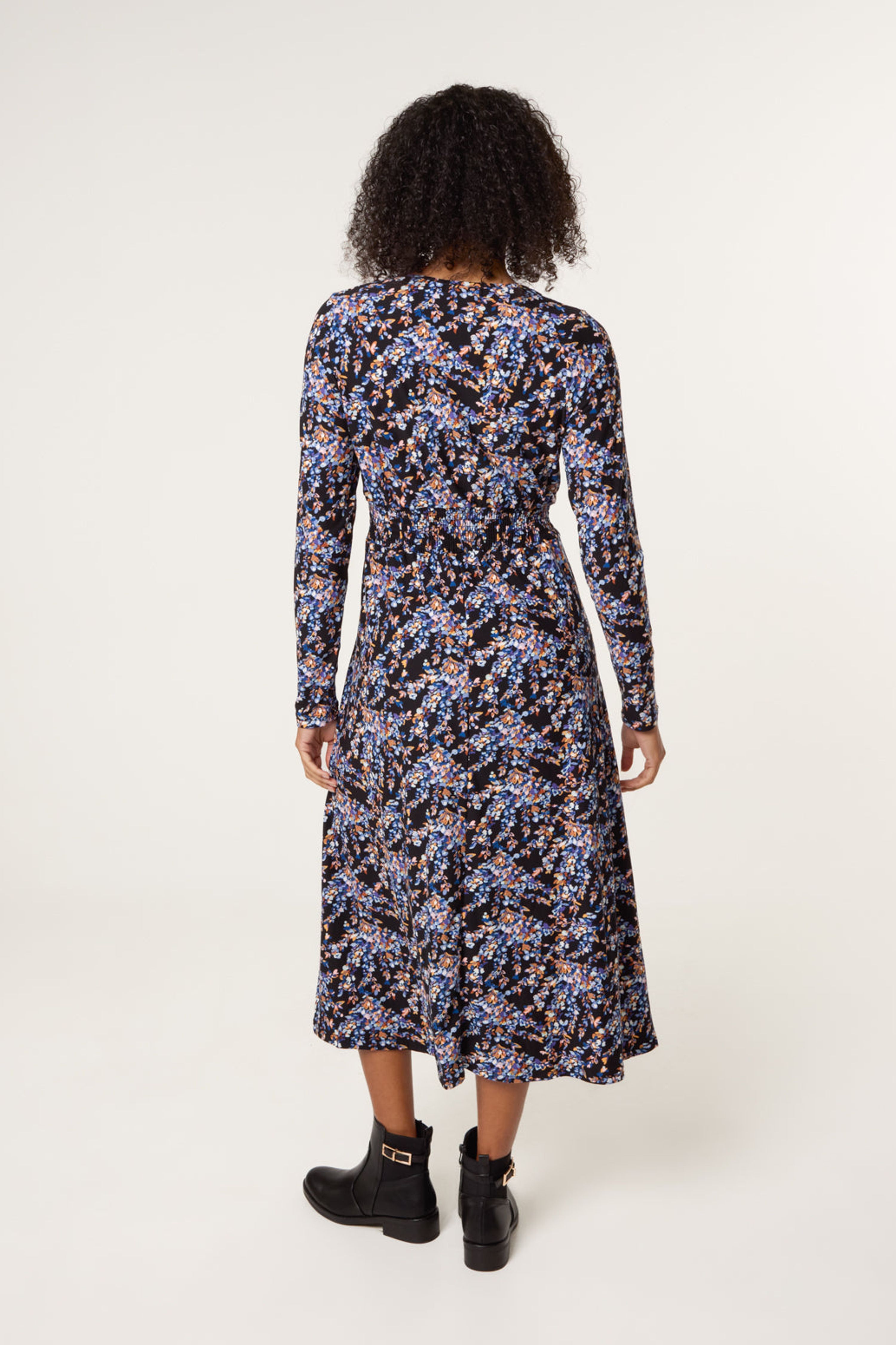 Blue Vanilla Black Floral V Neck Wrap Long Sleeve Midi Dress