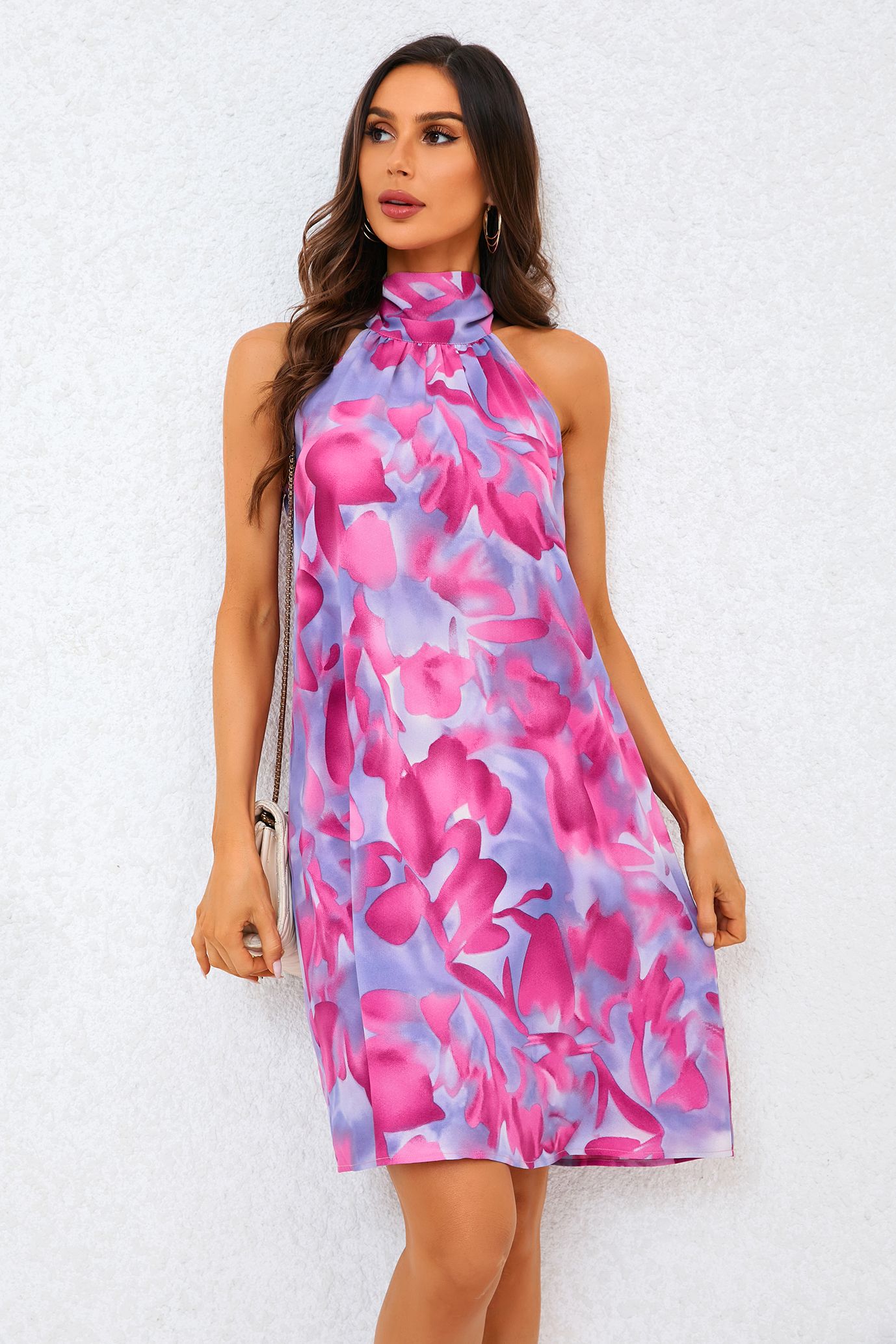 FS Collection Abstract Floral Print Halter Neck Tie Back Mini Dress In Pink