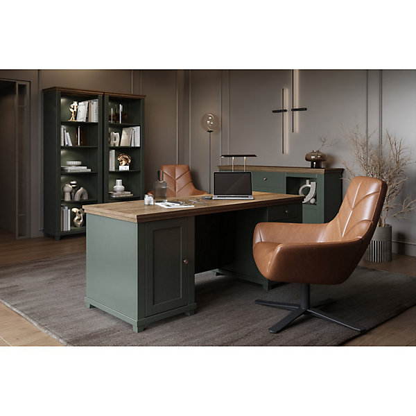 Bureau ASSIA 180 cm vert foncé et bois - Tiroirs, niches et rangement - Elégance intemporelle