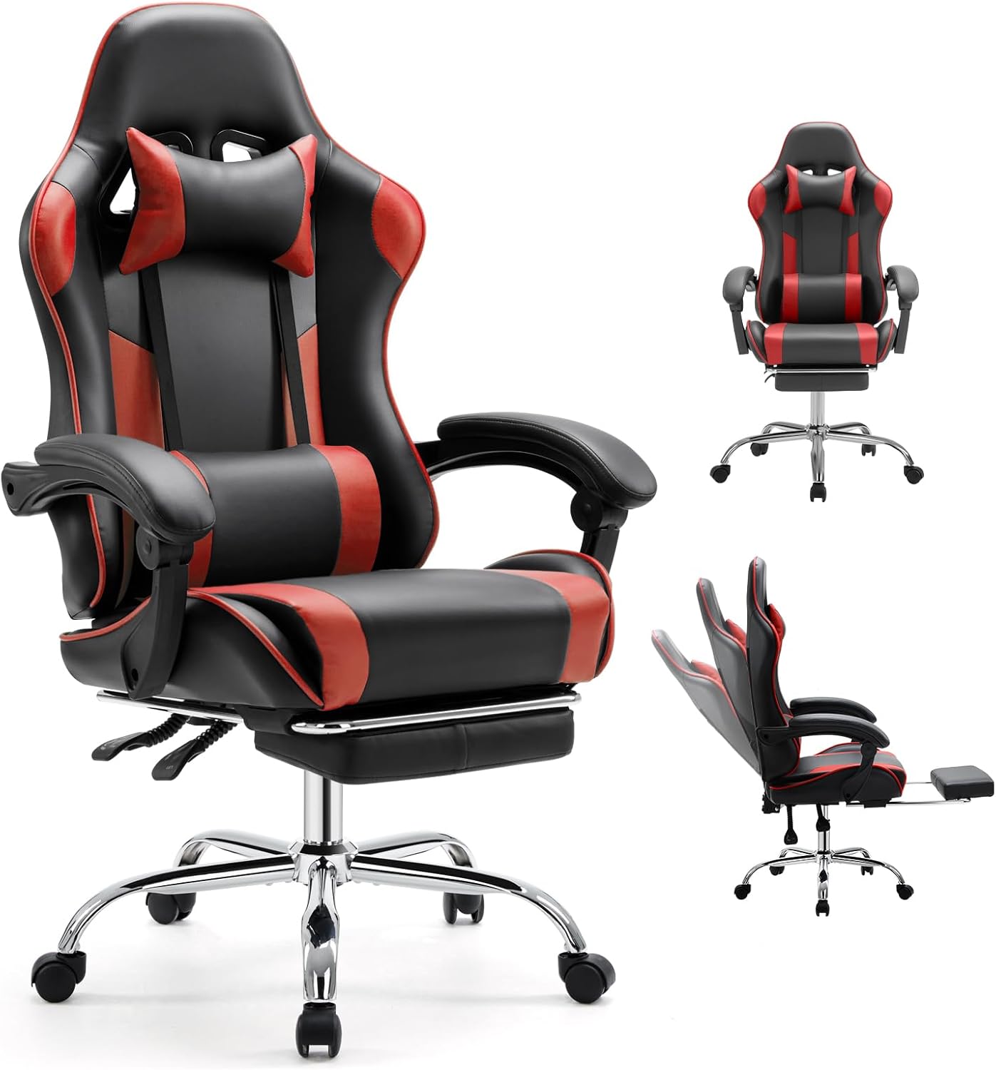 DUMOS Ergonomic Gaming Office Desk Chair with Footrest and Headrest for Adults, PU Leather Video Computer Chair with Linkage Armrests, Height Adjustable 360° Swivel Recling Chair, Black Red