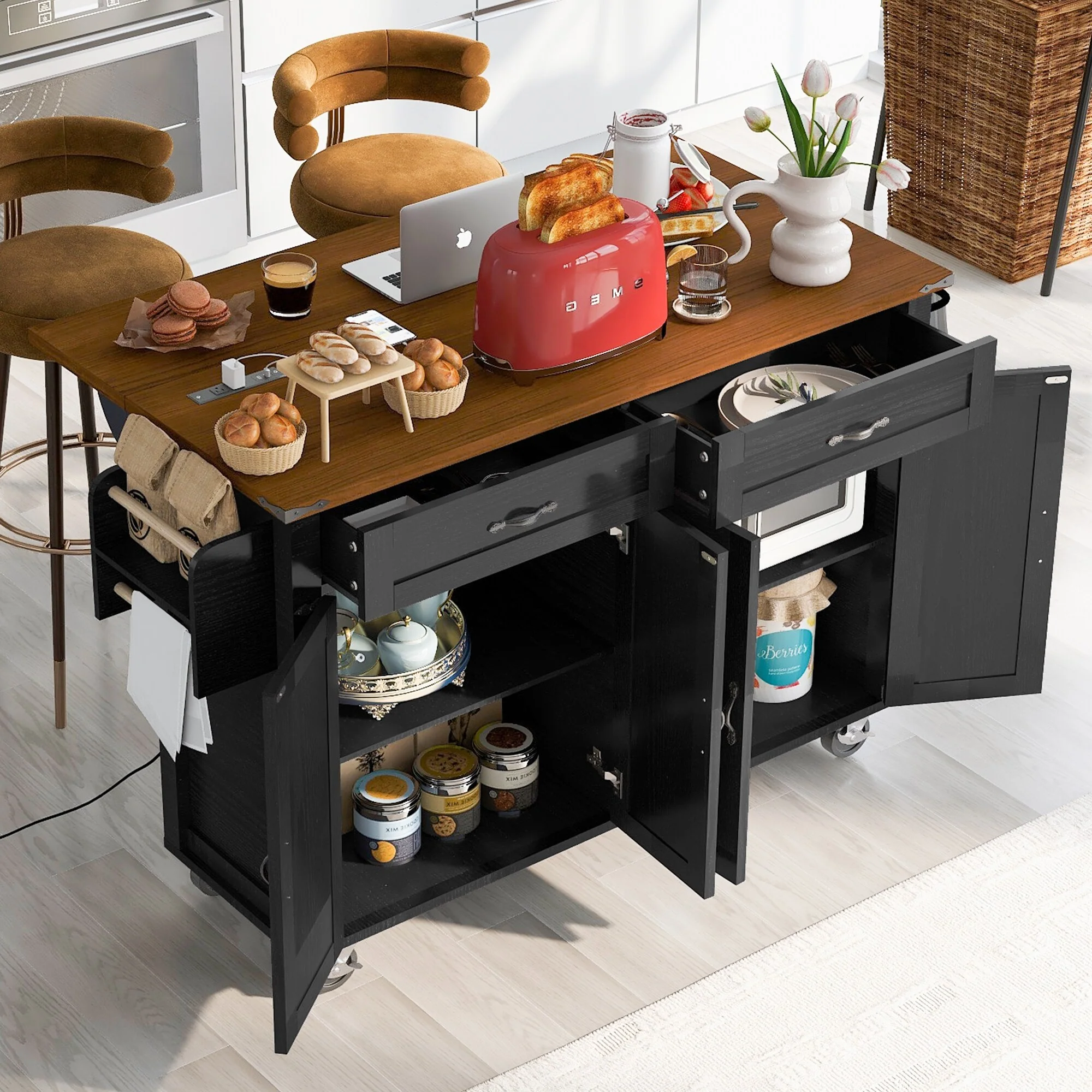 53.5''Farmhouse Kitchen Island With Power Outlet(no include stool)