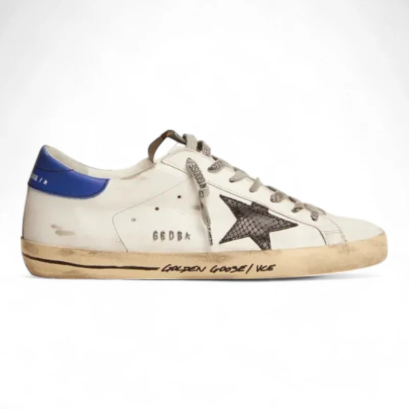 The Super-Star sneakers with a black snake-print leather star and blue leather heel tab