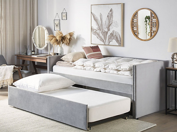 Lit gigogne Velours TROYES 90 x 200 cm Gris clair