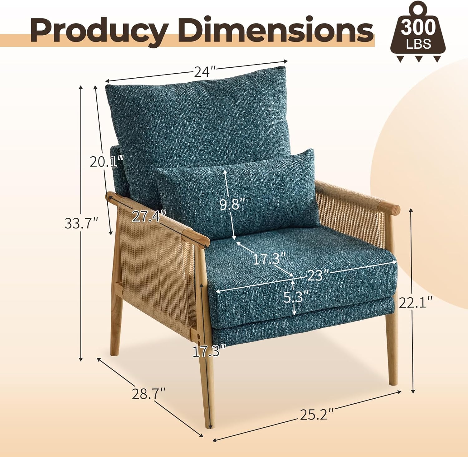 Karl home Cozy Chenille Accent Chair with Lumbar Pillow & Rattan Arms Modern Lounge Chair for Living Room, Bedroom, Reading Nook, Blue & Green