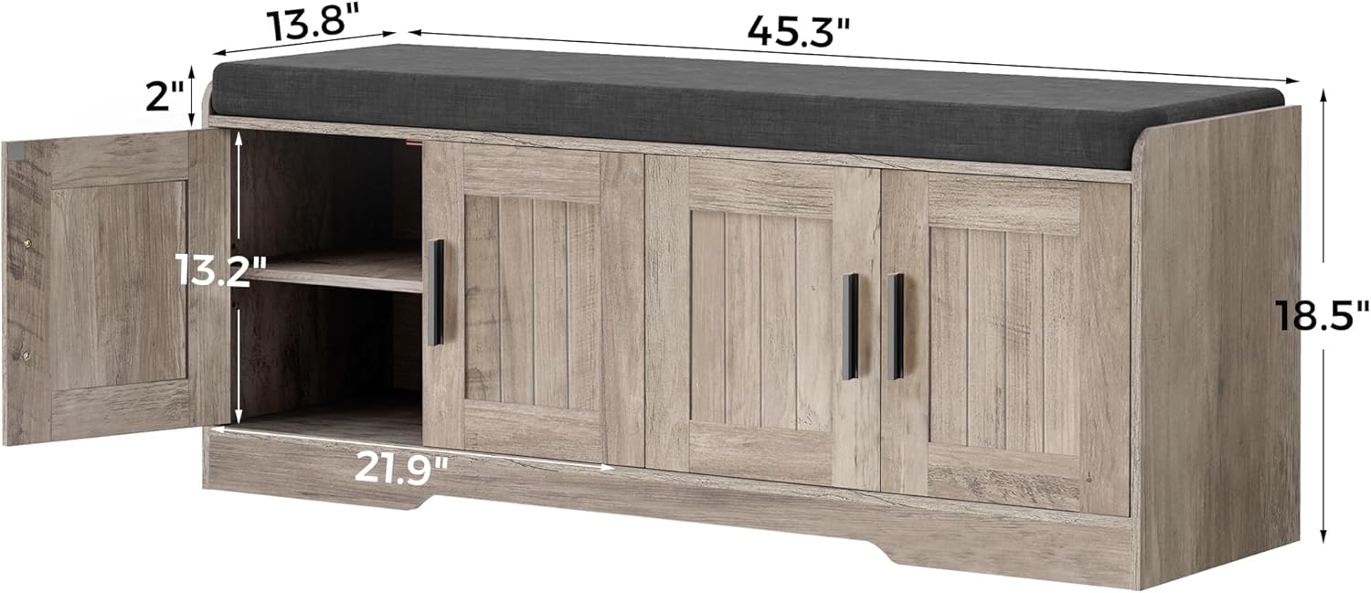 Homleke 2-Tier Storage Bench, Shoe Bench with Thickened Padded Seat Cushion, Entryway Bench with 4 Doors, Adjustable Shelf, 13.8 D x 45.3 W x 18.5 H, for Entryway, Living Room, Bedroom, Greige