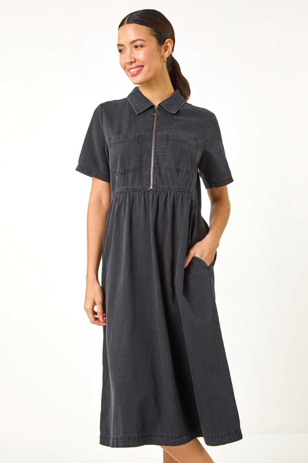 Roman Denim Zip A-Line Midi Dress