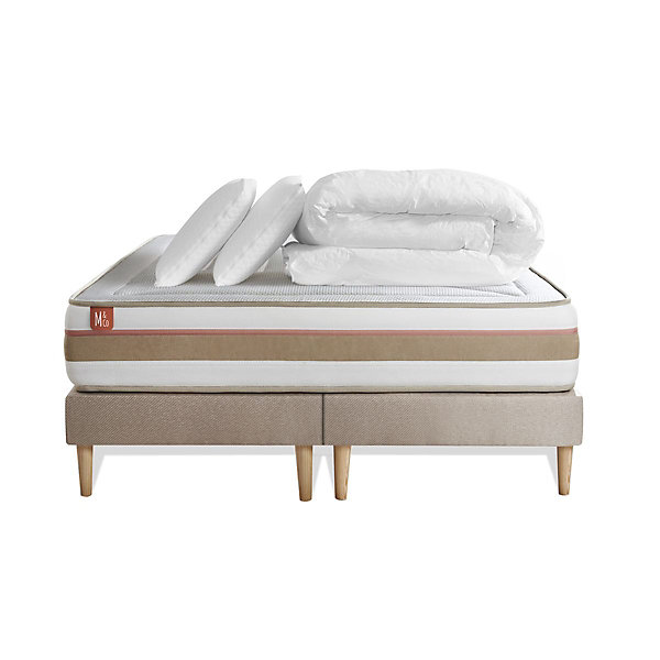 Pack sommier tapissier matelasRessorts ensachés et mémoire de forme avec couette et oreillers