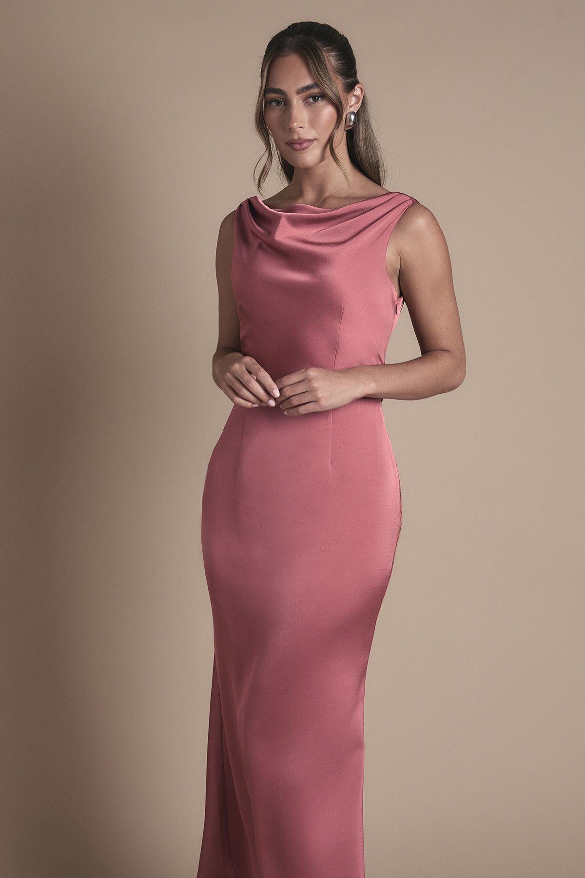 Oasis Cowl Neck Open Back Midi Bridesmaid Dress