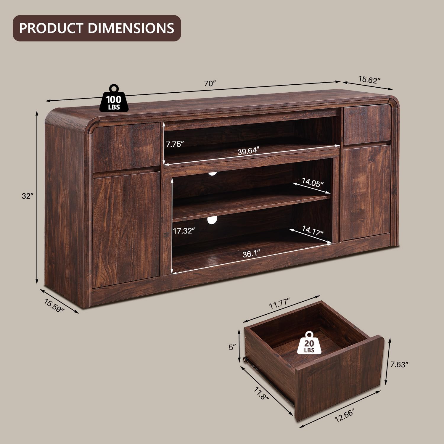 Modern TV Stand for 80 Inch TVs, 32Tall Entertainment Center w/Storage Cabinet& drawers, Media Console Cabinet w/Soundbar & Adjustable Shelves for Living Room, Curved Profile Design, 70 inch (Brown)