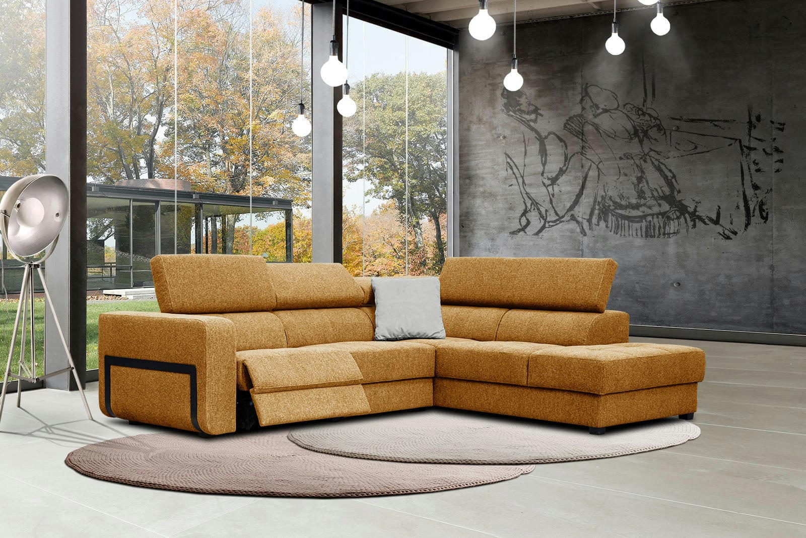 BERGO - Canapé d'angle droit 5 places avec une relax électrique tissu orange