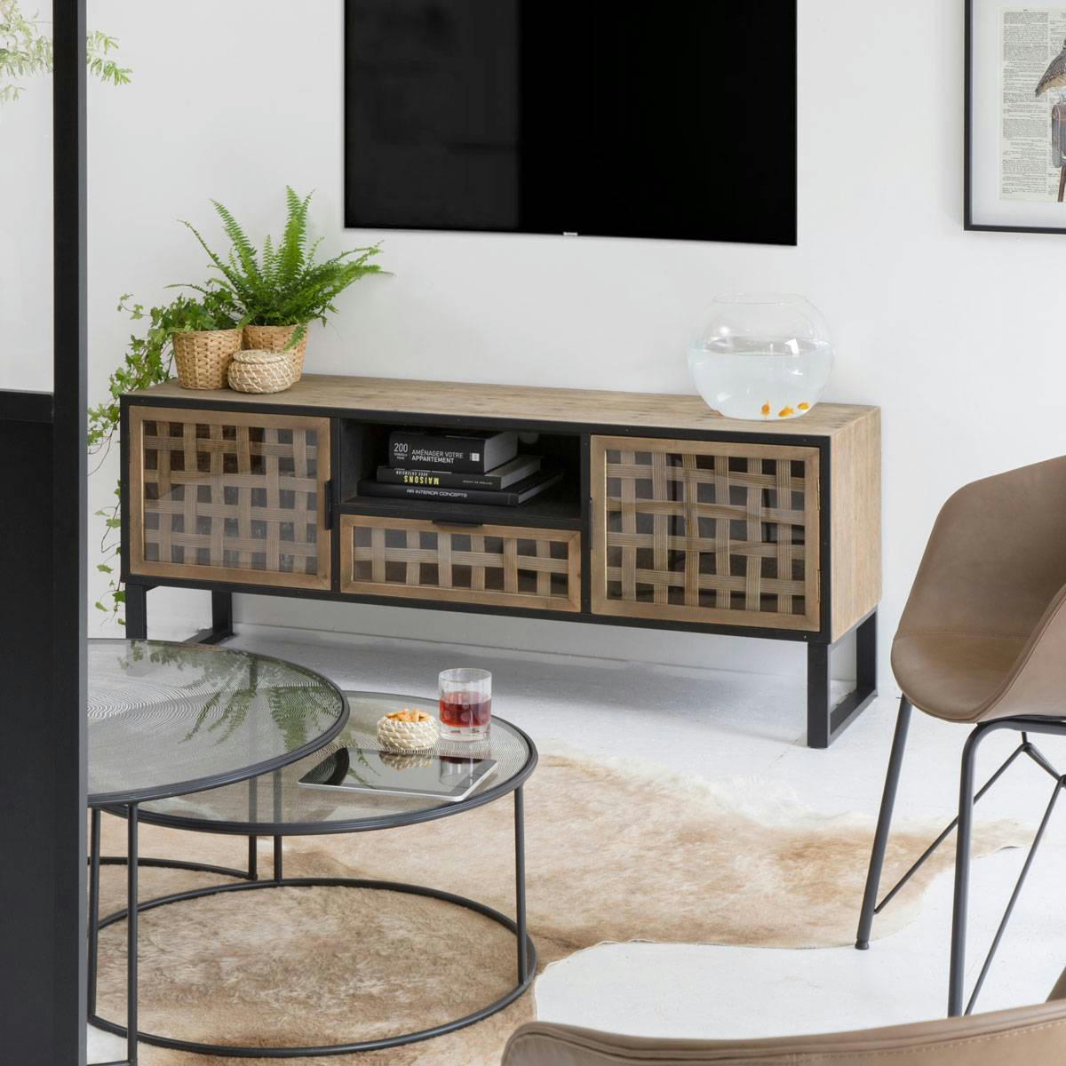 - Meuble TV en bois noir 150 cm