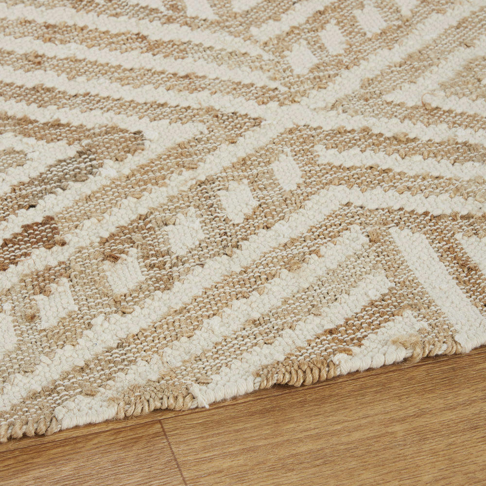 ISAE - Tapis kilim en jute et coton recyclé tissés motifs géométriques blancs et beiges à franges 160x230