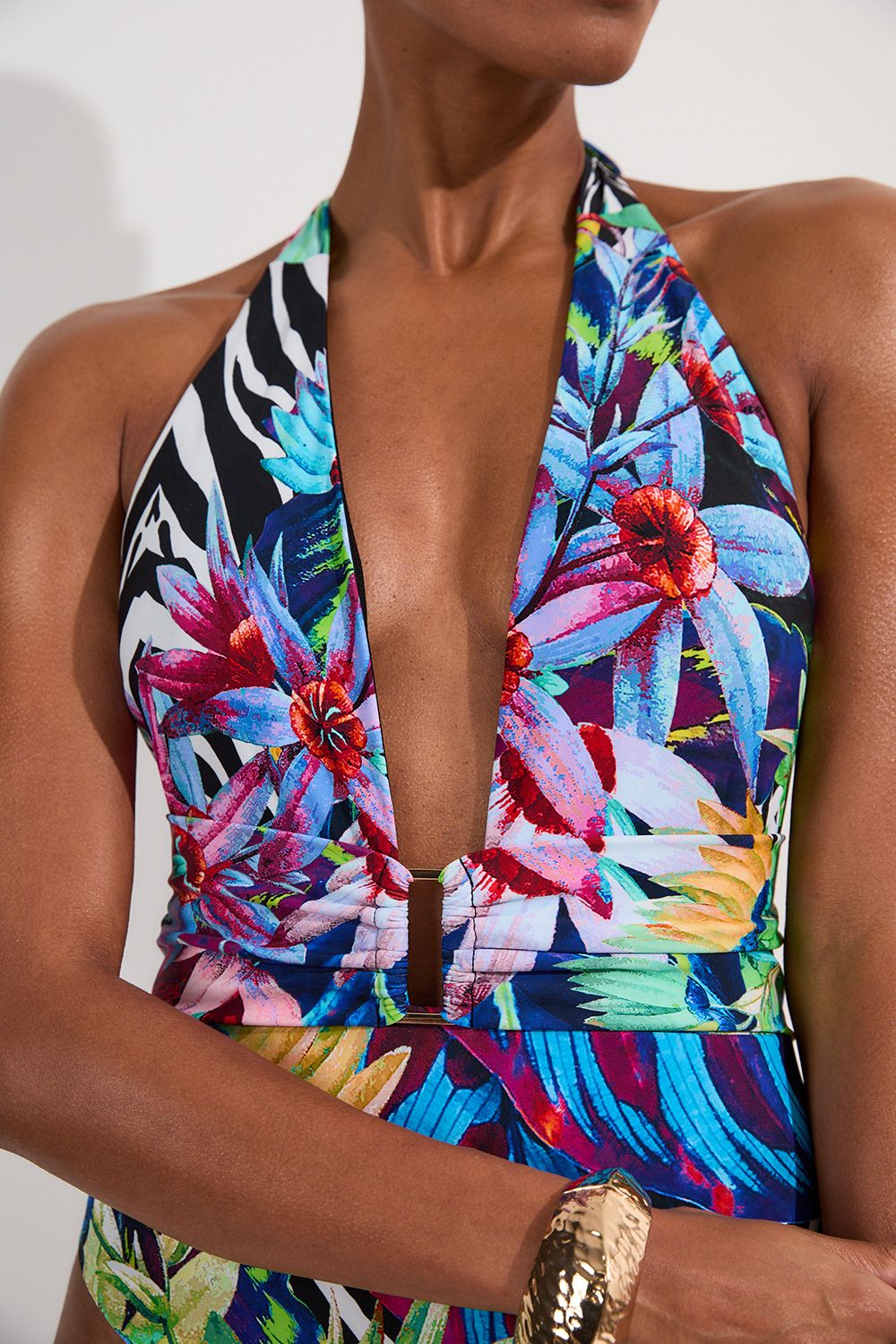 KarenMillen Tropical Floral Plunge Swimsuit