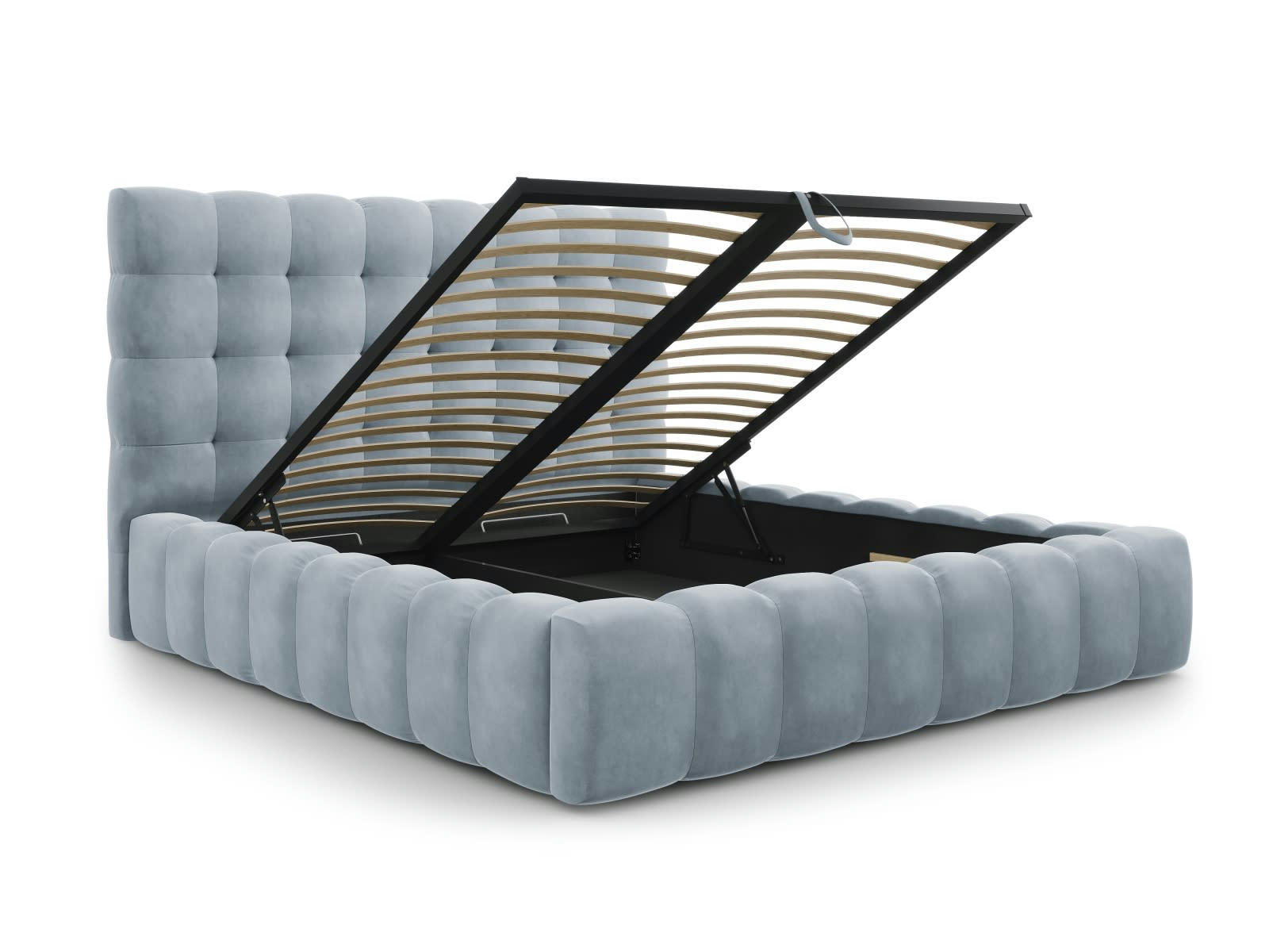 MAMAIA - Lit coffre en avec tête de lit 180x200cm en tissu velours bleu clair