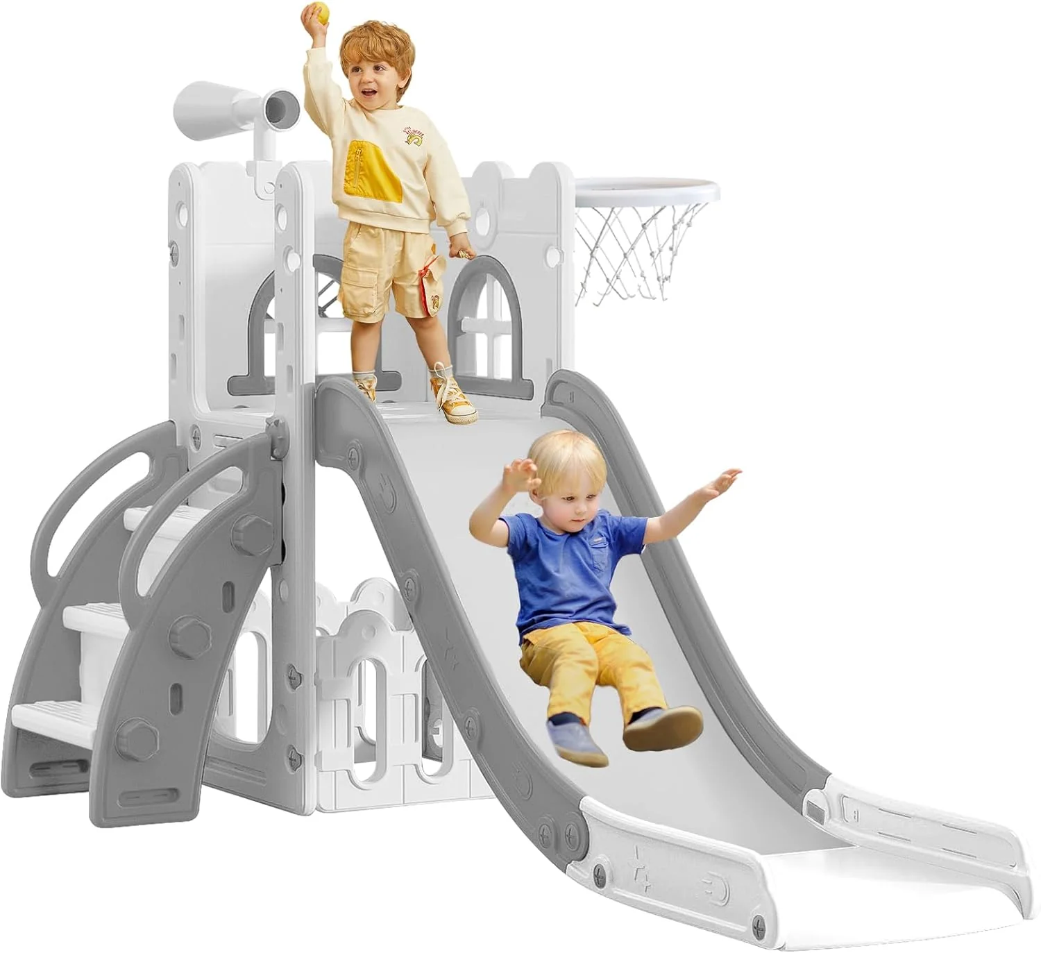 6 in 1 Toddler Slide for Toddler Age 1-3,Kids Climber Slider for Indoor Outdoor Playground with Basketball Hoop,Storage and Telescope,L Shaped Slide for Toddler Climber Playset(Gray)